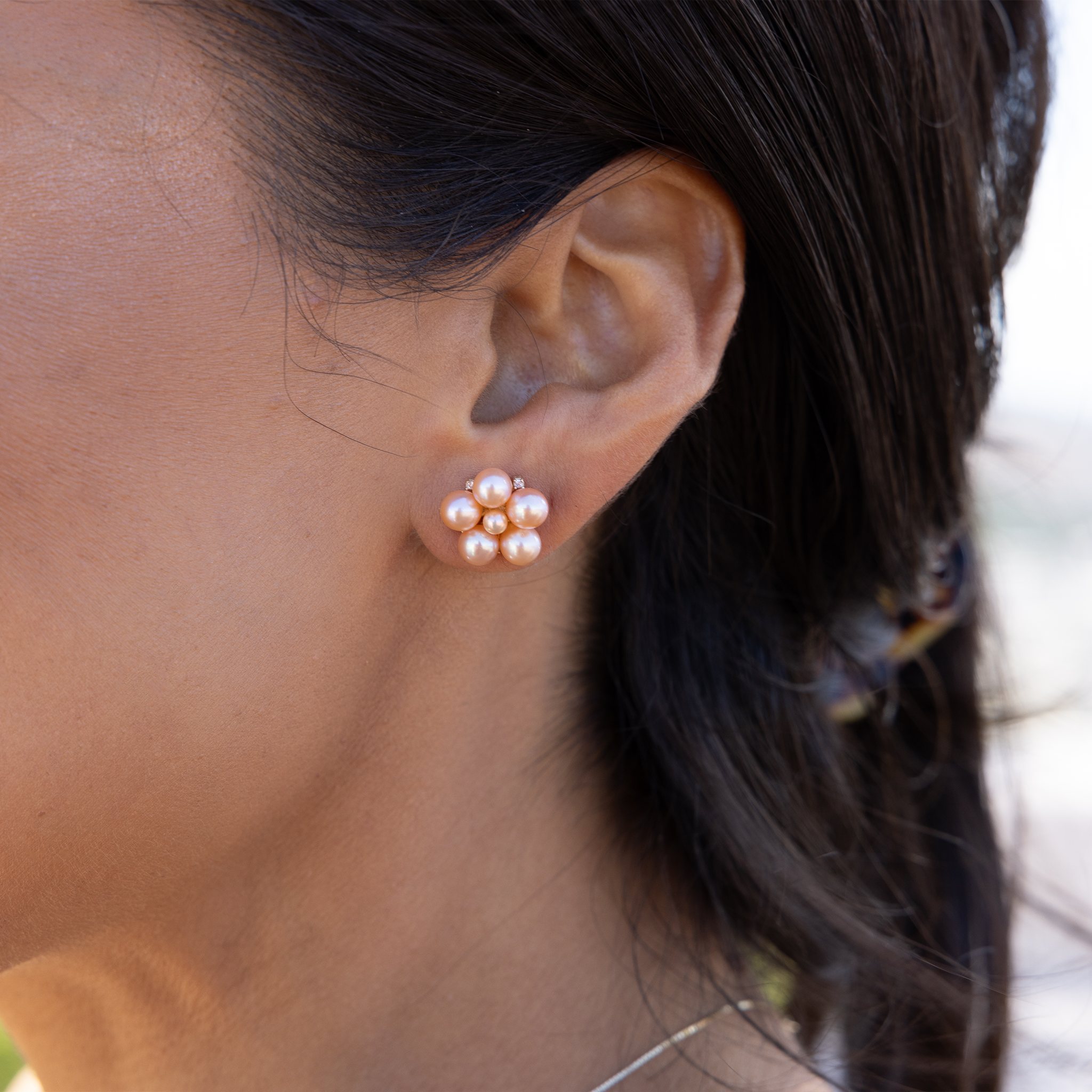 Tiny Bubbles Peach Freshwater Pearl Earrings in Gold with Diamonds