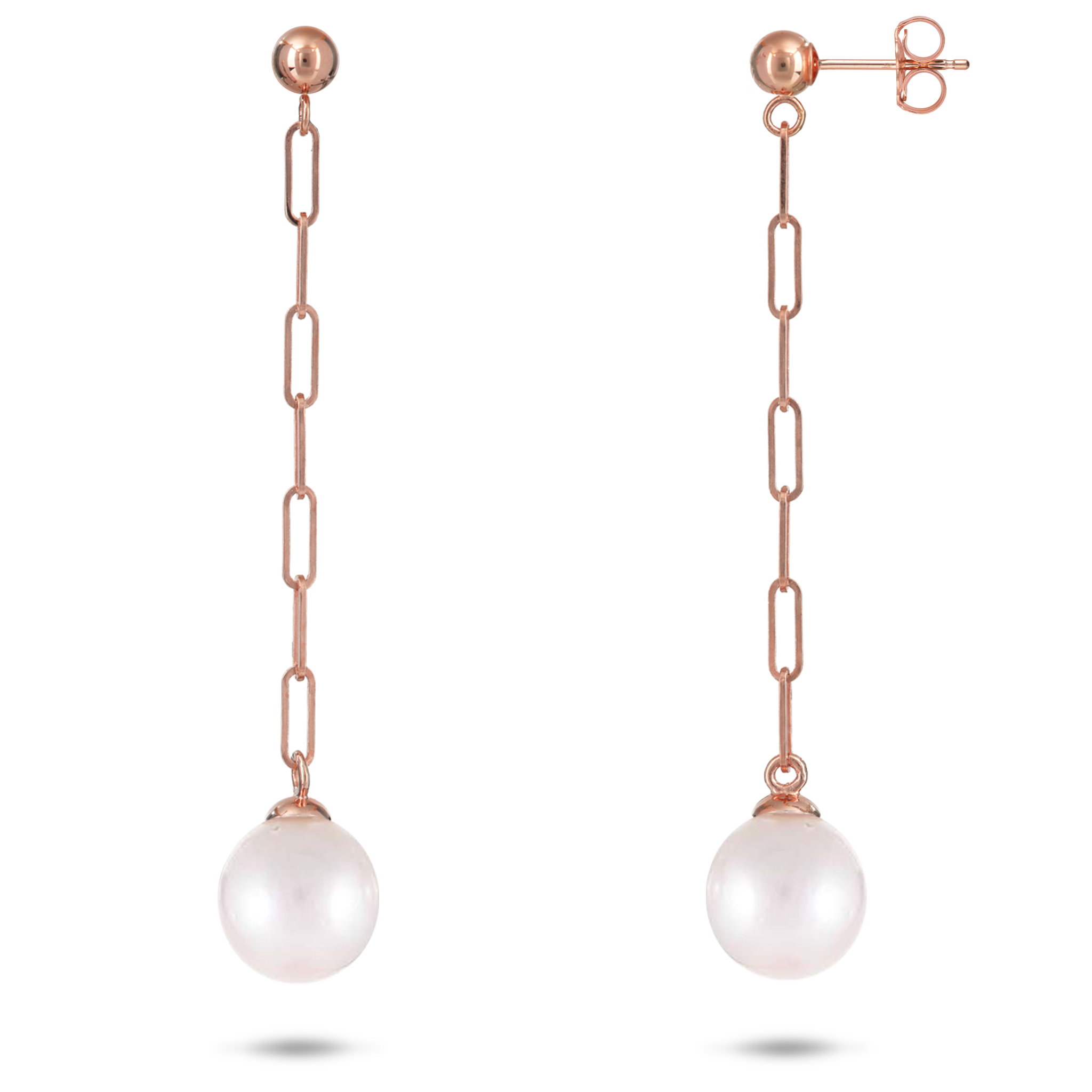 8mm Akoya White Pearl Paperclip Chain Earrings in Rose Gold on a white background