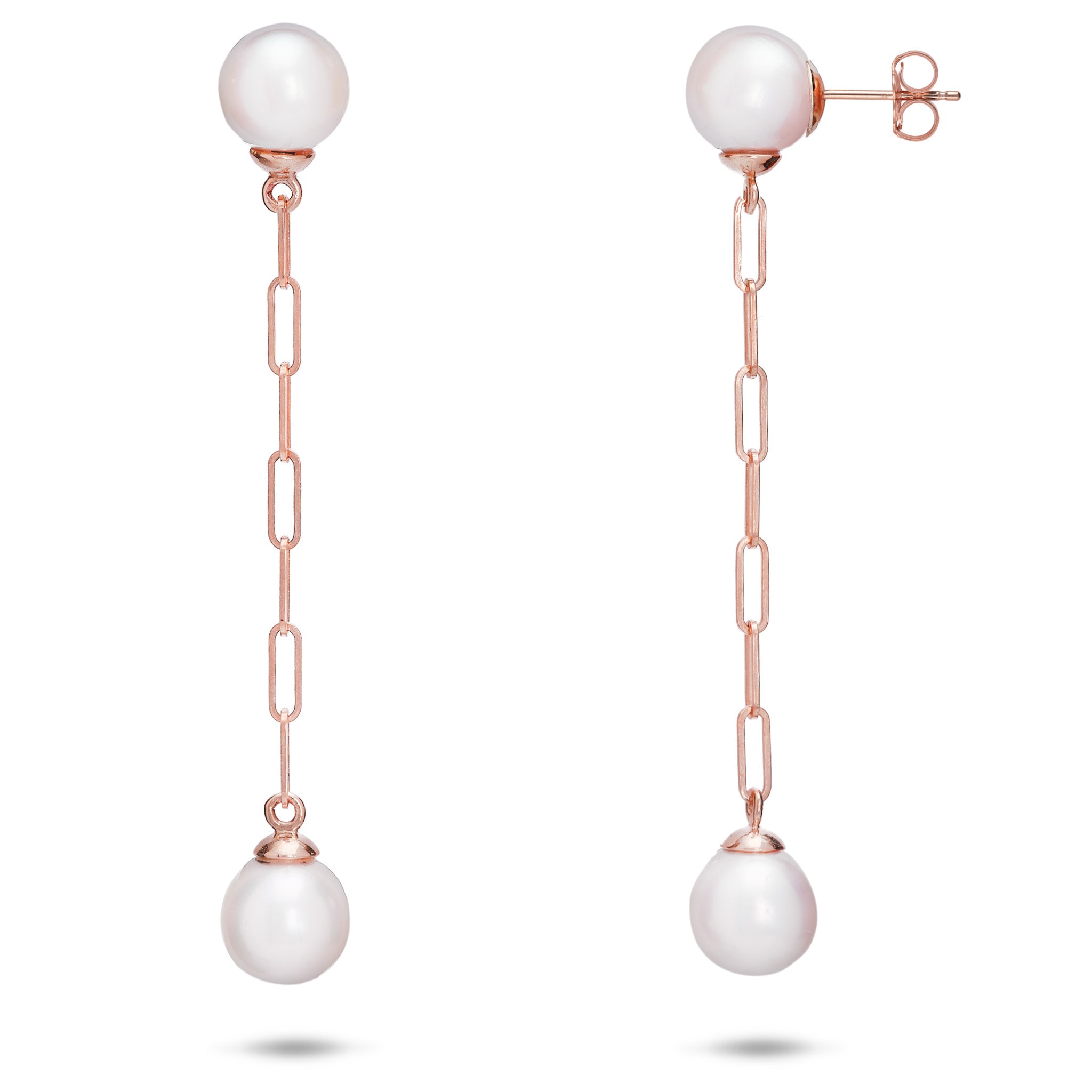 8mm Akoya White Pearl Paperclip Chain Earrings in Rose Gold on a white background