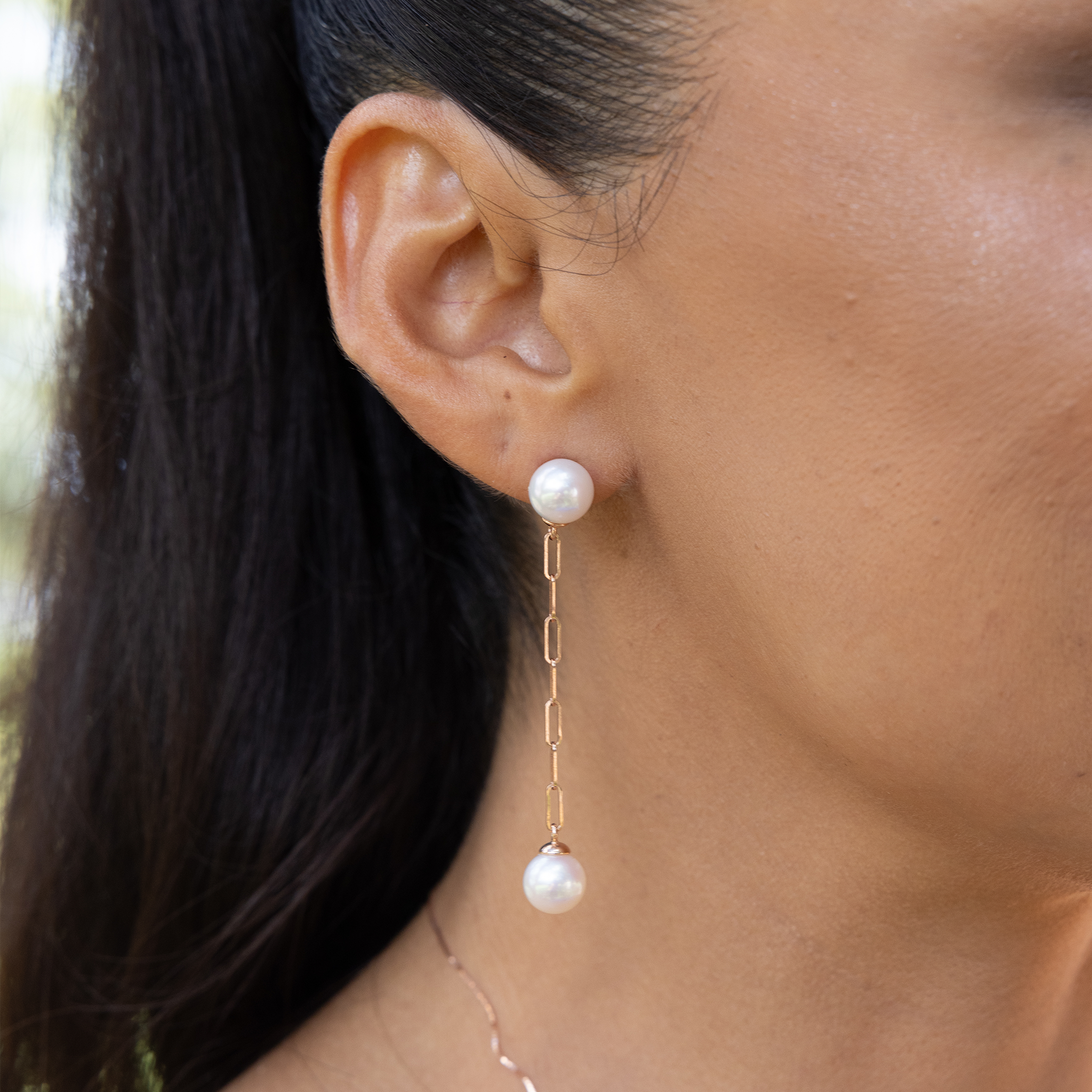8mm Akoya White Pearl Paperclip Chain Earrings in Rose Gold on ear