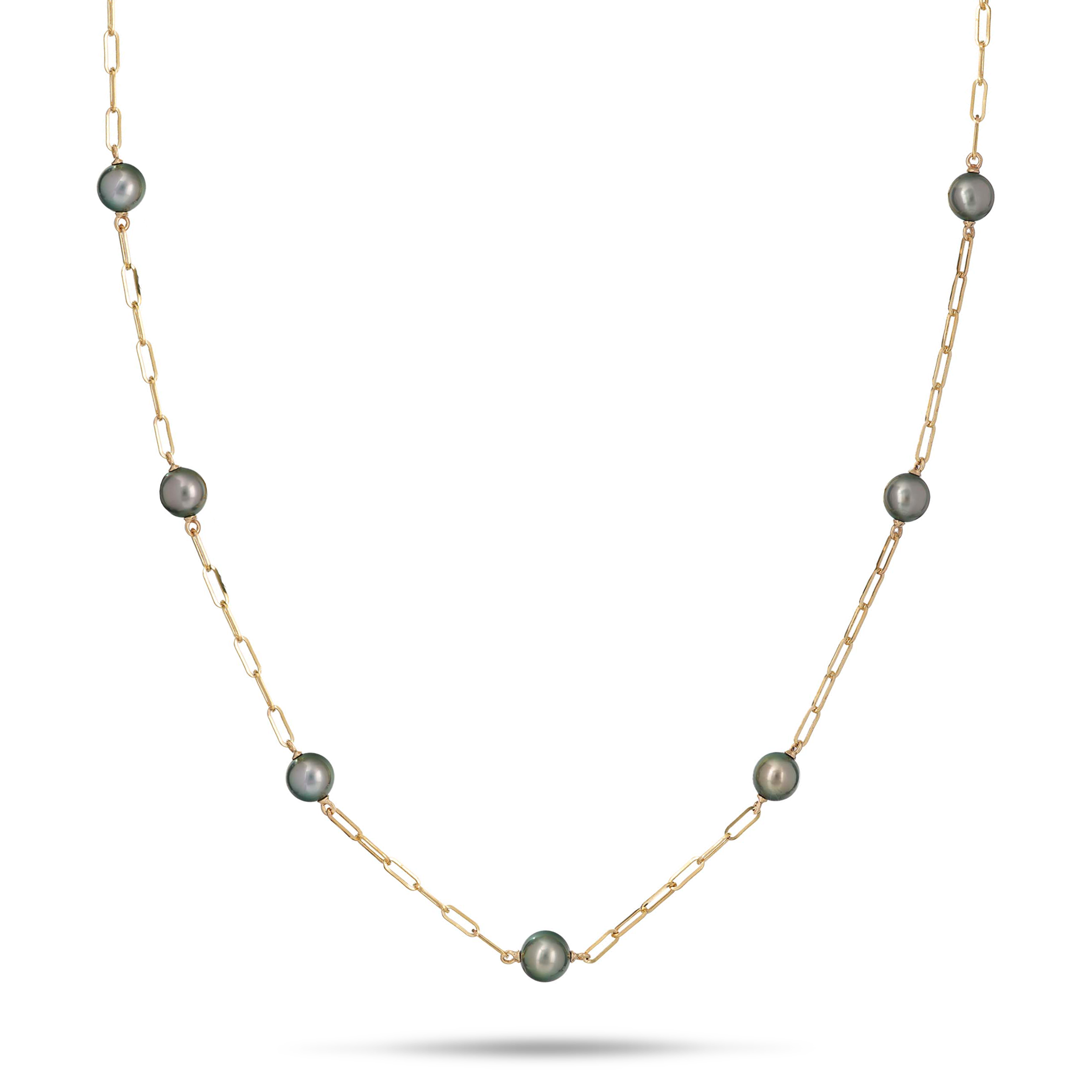Verstellbare 24" schwarze Tahiti-Perlen-Büroklammer-Halskette in Gold – 9–10 mm