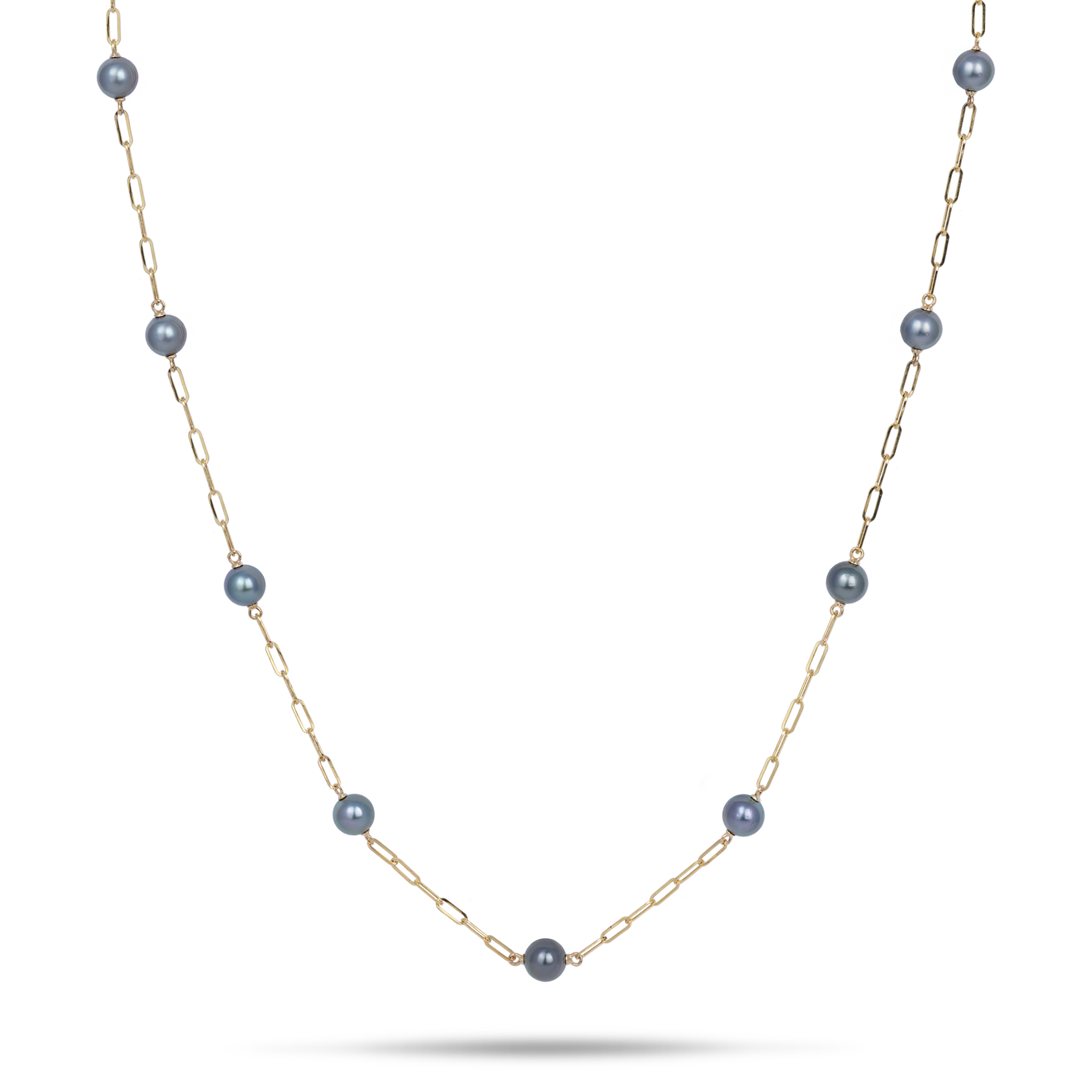 Verstellbare 34-35" schwarze Tahiti-Perlenkette mit Büroklammer in Gold - 10-11 mm