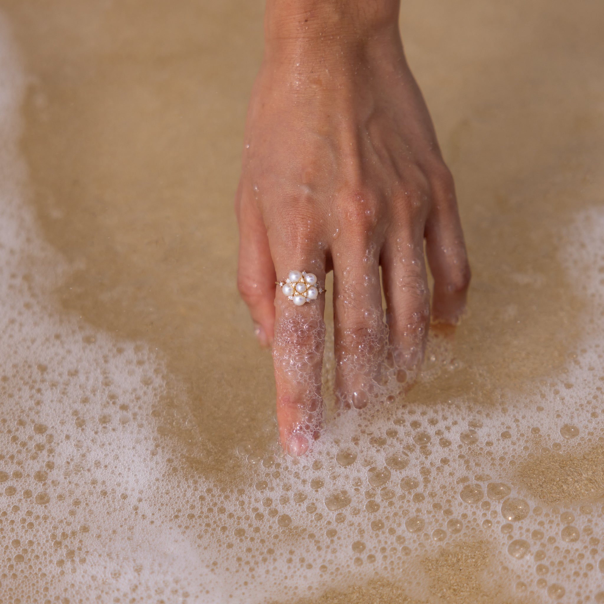 Tiny Bubbles Freshwater White Pearl Ring in Gold with Diamonds