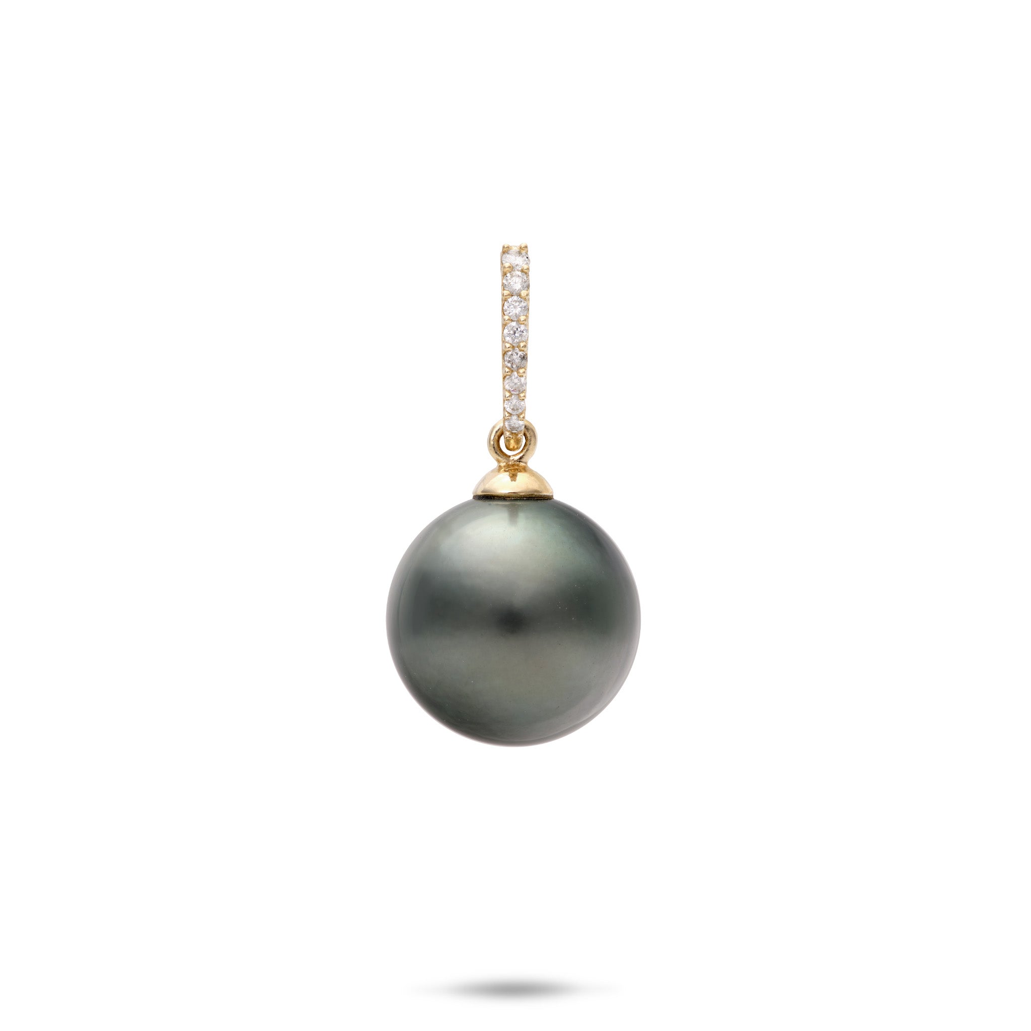 12-14mm Rikitea Tahitian Black Pearl Pendant with Diamond Bail in 14k Yellow Gold on a white background