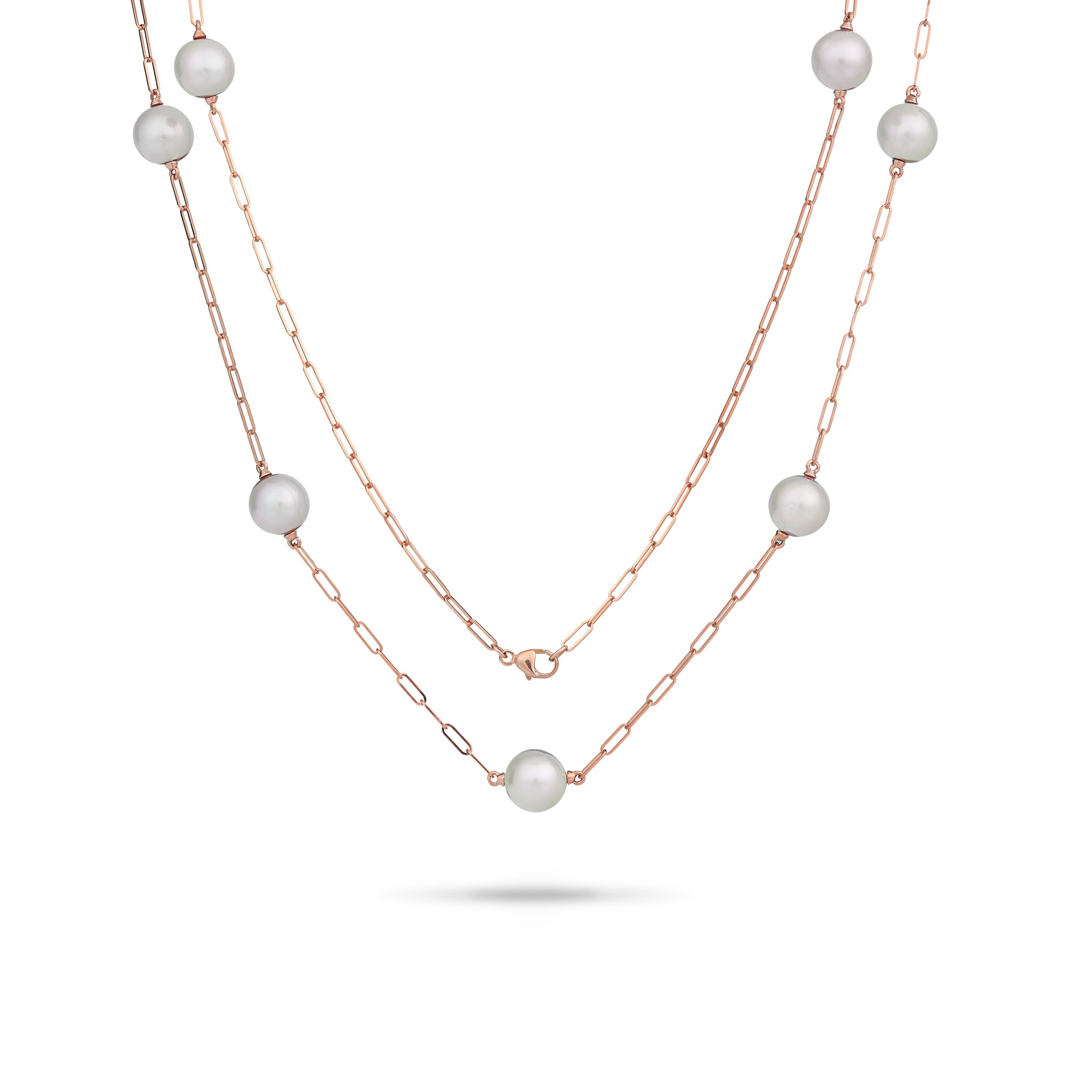 Verstellbare 24 "Akoya White Pearl Paperclip -Kettenkette in Roségold