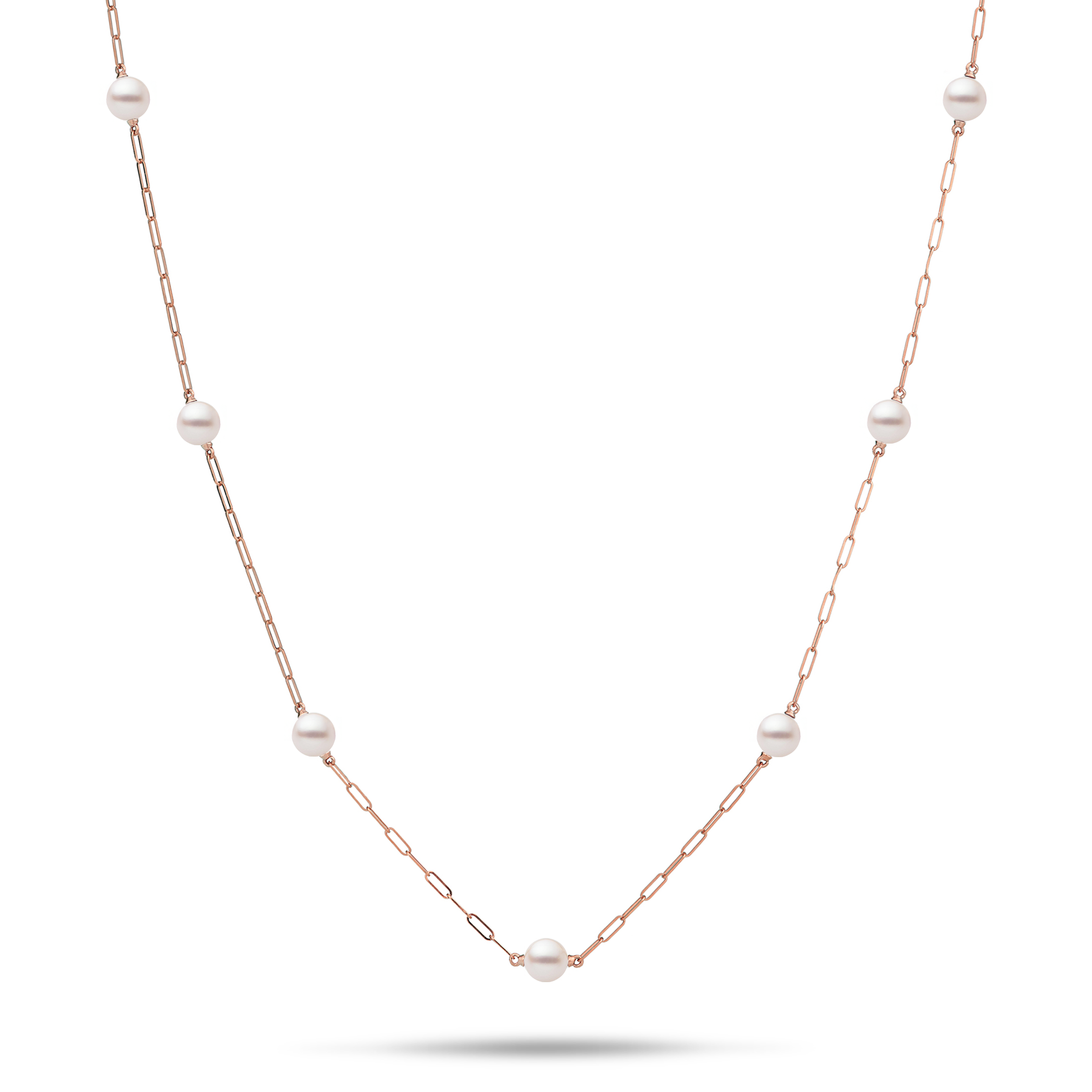 Verstellbare 24 "Akoya White Pearl Paperclip -Kettenkette in Roségold