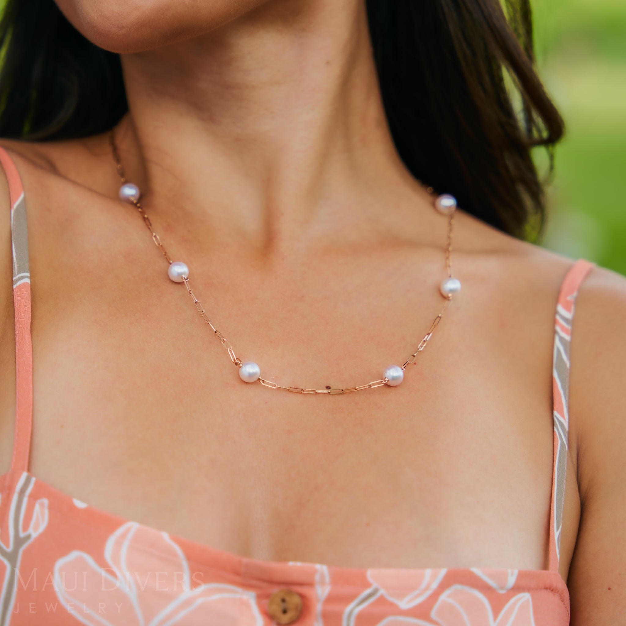 Verstellbare 24 "Akoya White Pearl Paperclip -Kettenkette in Roségold