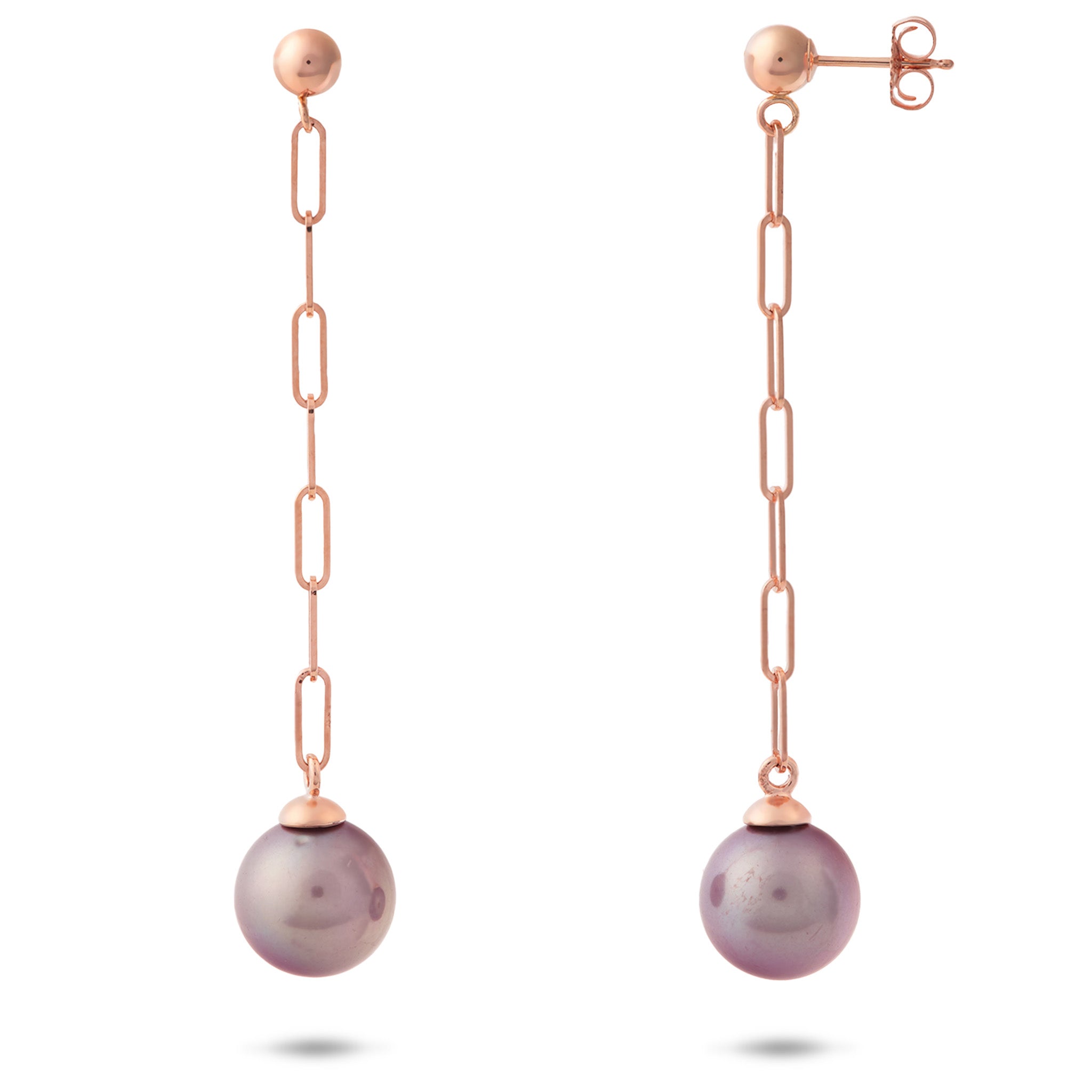 9-10mm Freshwater Ultraviolet Pearl Paperclip Chain Dangle Post Earrings in 14k Rose Gold