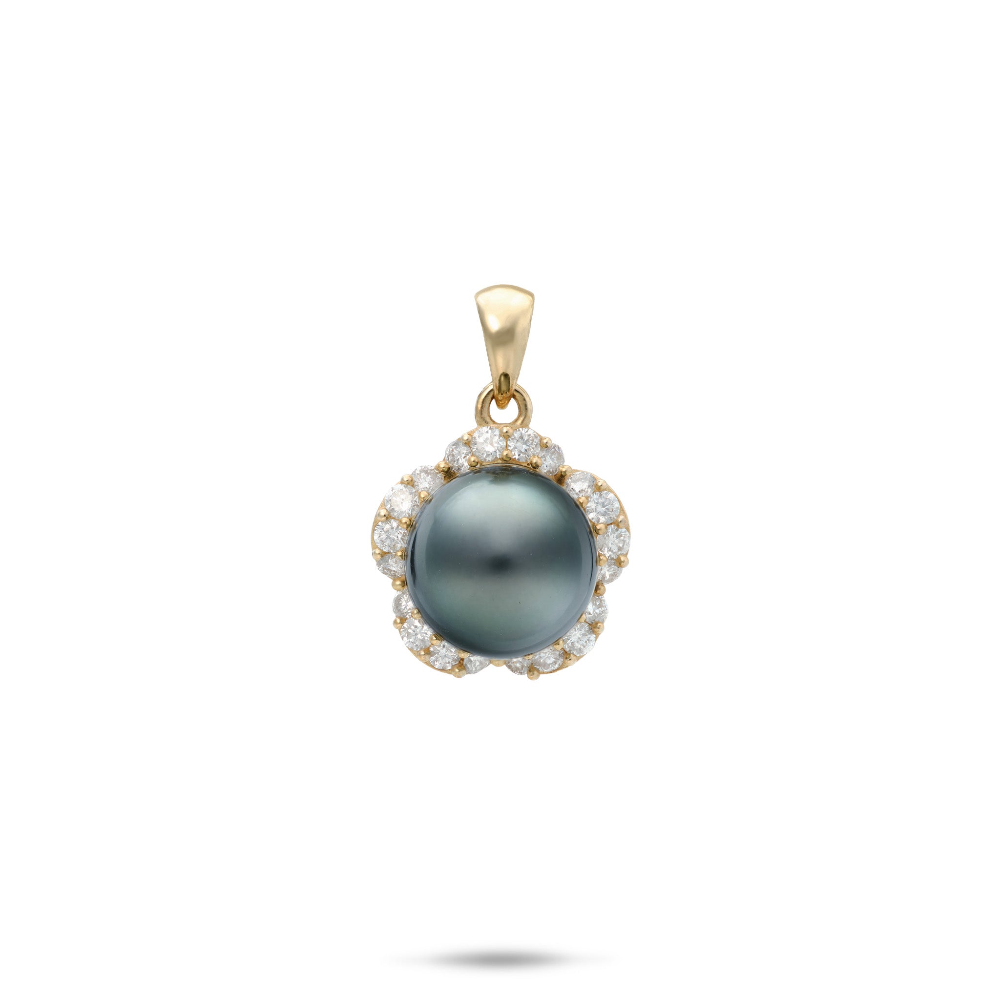 Plumeria 9-10mm Tahitian Black Pearl Pendant in Gold with Diamonds on a white background