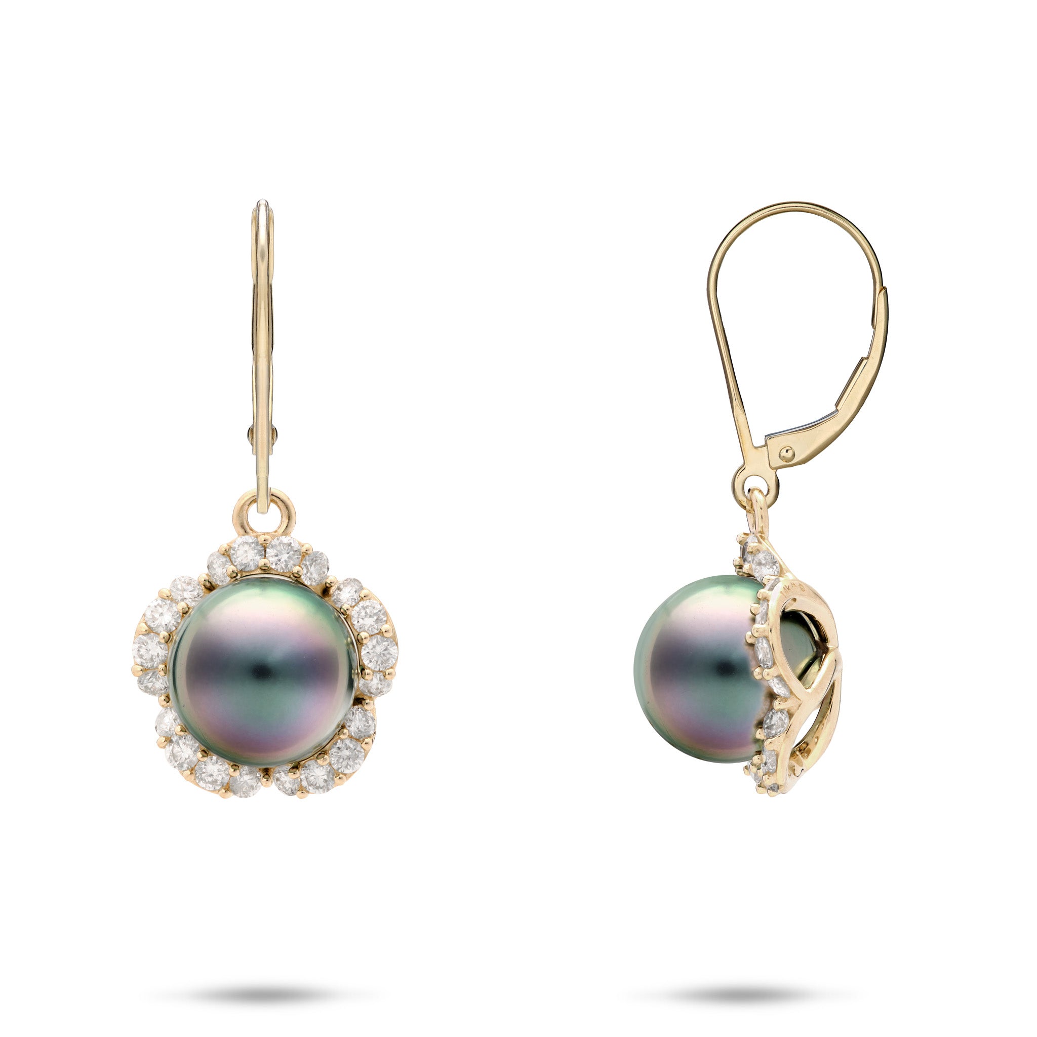 Plumeria 9-10mm Tahitian Black Pearl Leverback Earrings in Gold with Diamonds on a white background