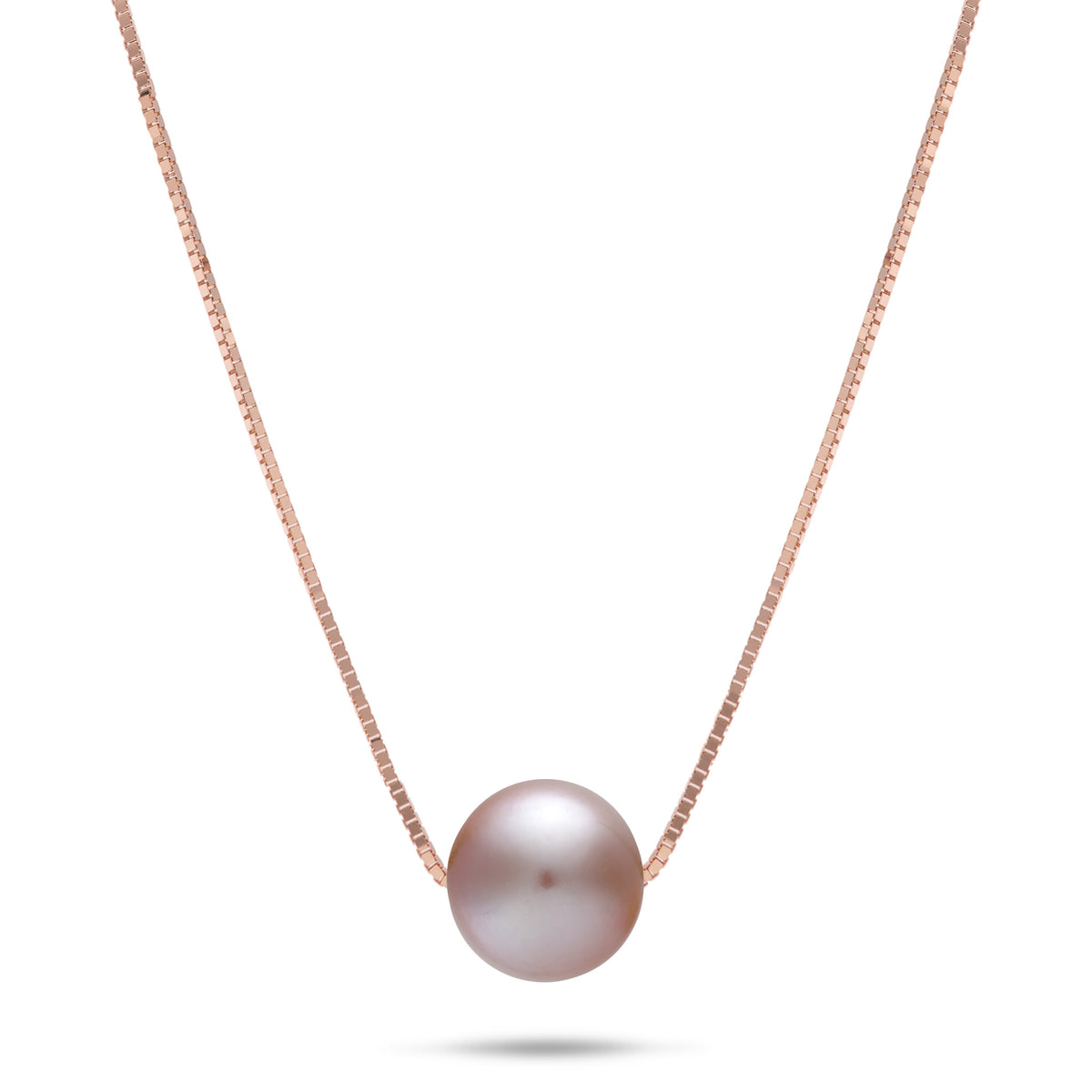 A 14k rose gold necklace with a 0.8mm box chain and a lilac freshwater pearl, shown on a white background