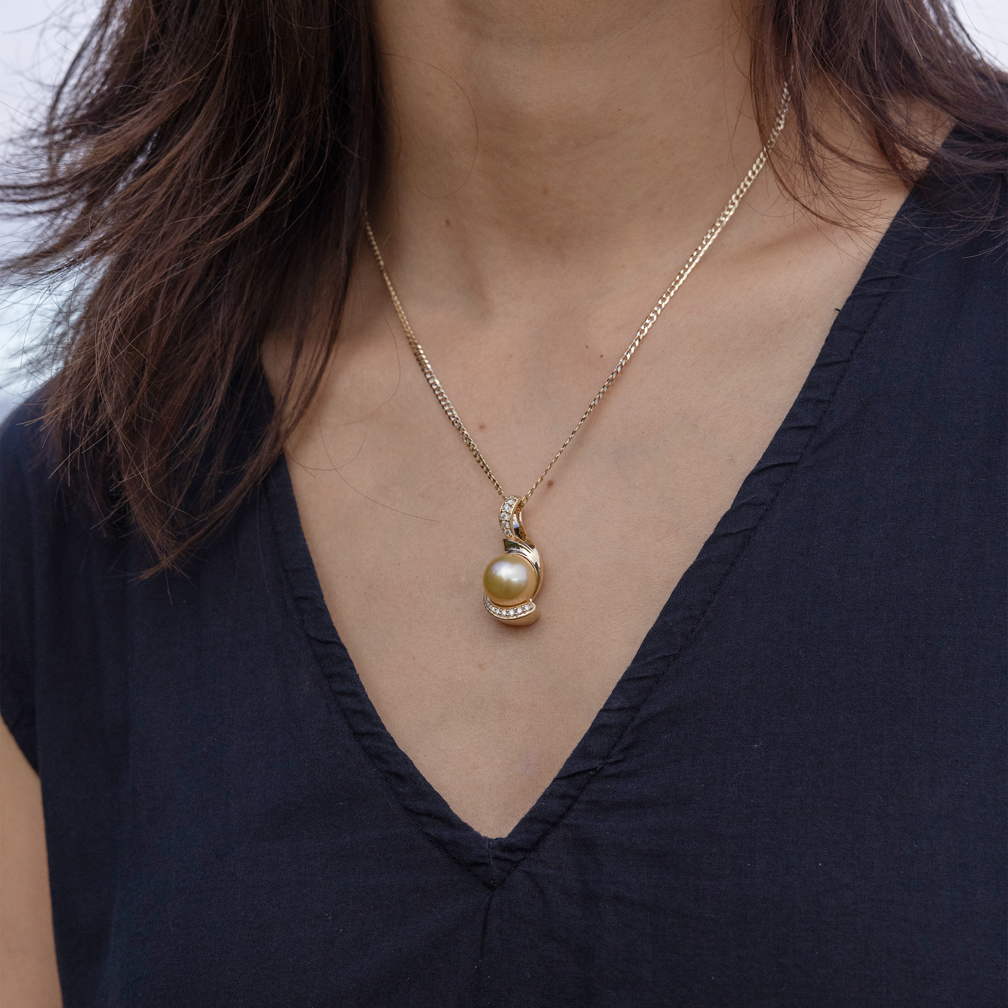 南海ゴールドパールペンダントとダイヤモンド - 11-12mm