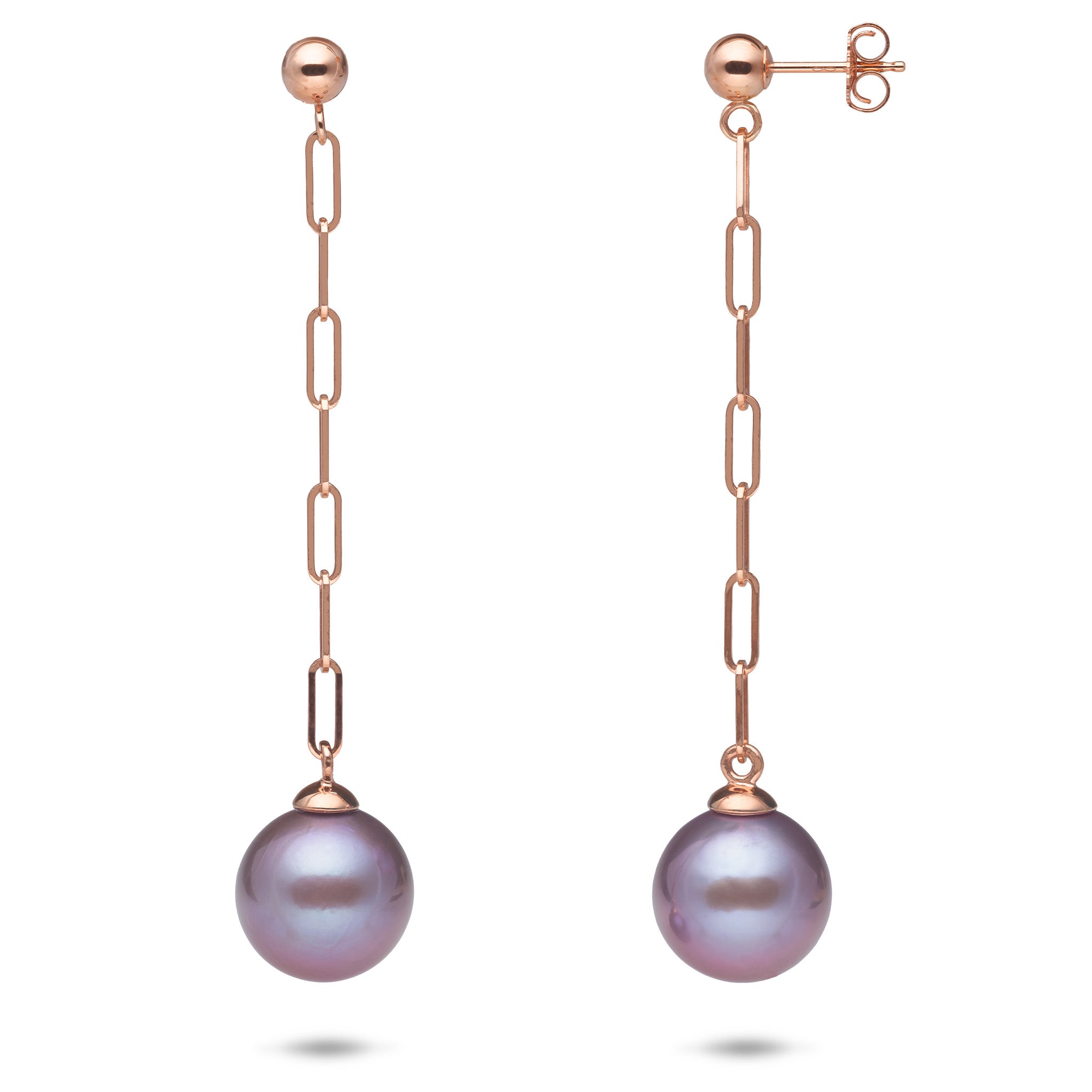 10-11mm Freshwater Ultraviolet Pearl Paperclip Chain Earrings in 14k Rose Gold on a white background