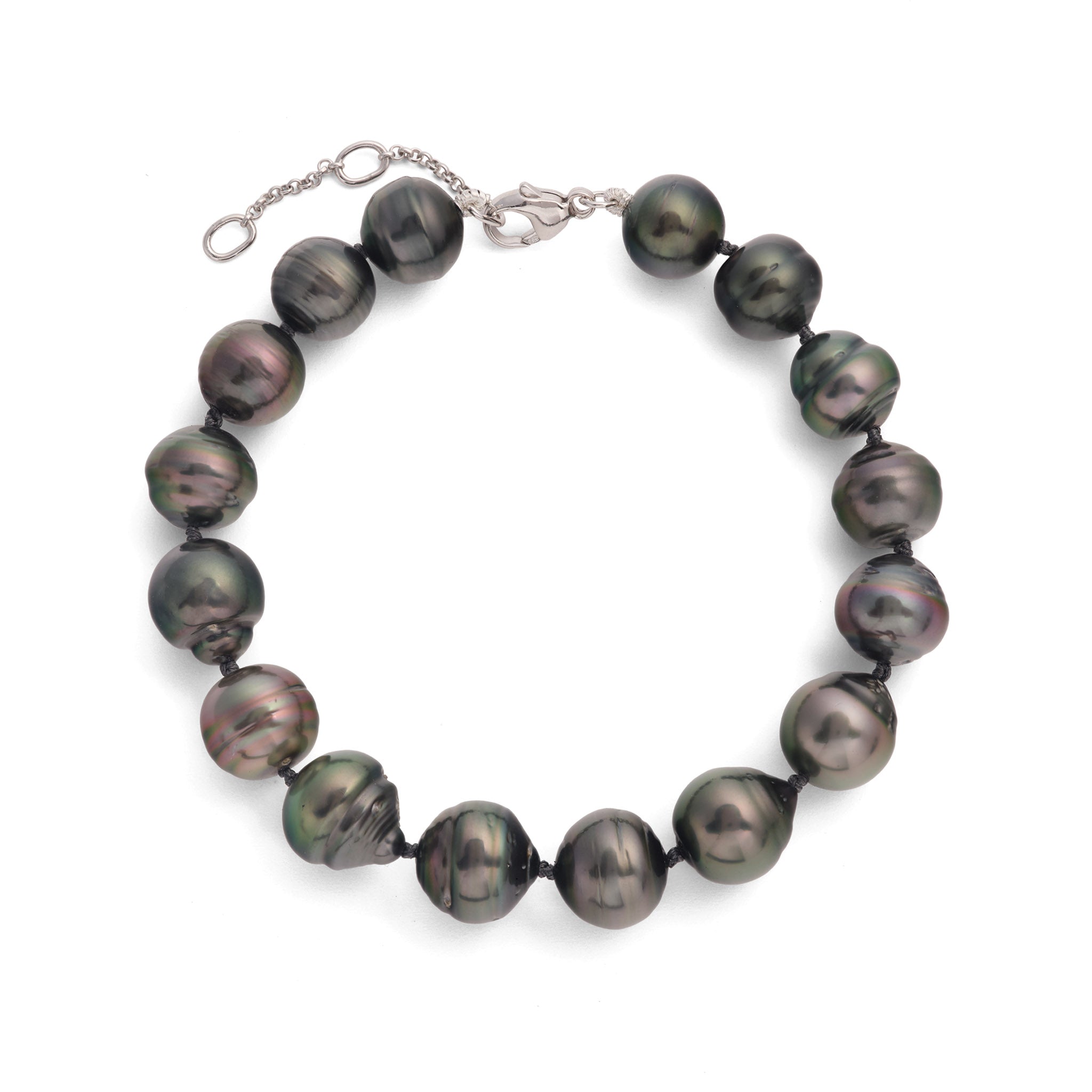 7.5-9" Adjustable Tahitian Black Pearl Bracelet in White Gold - 10-12mm