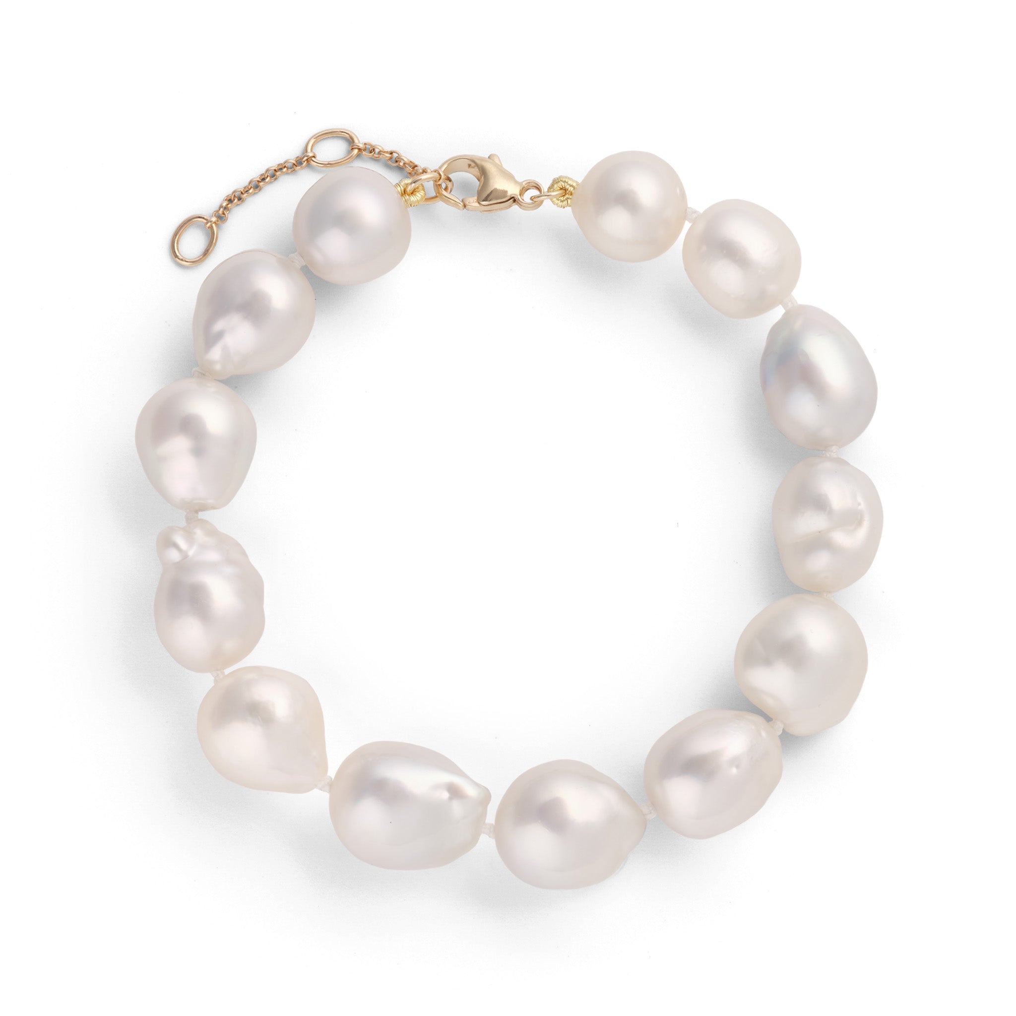 7.5-9" Adjustable 9-13mm South Sea Silver and White Pearl Bracelet in Gold on a white background