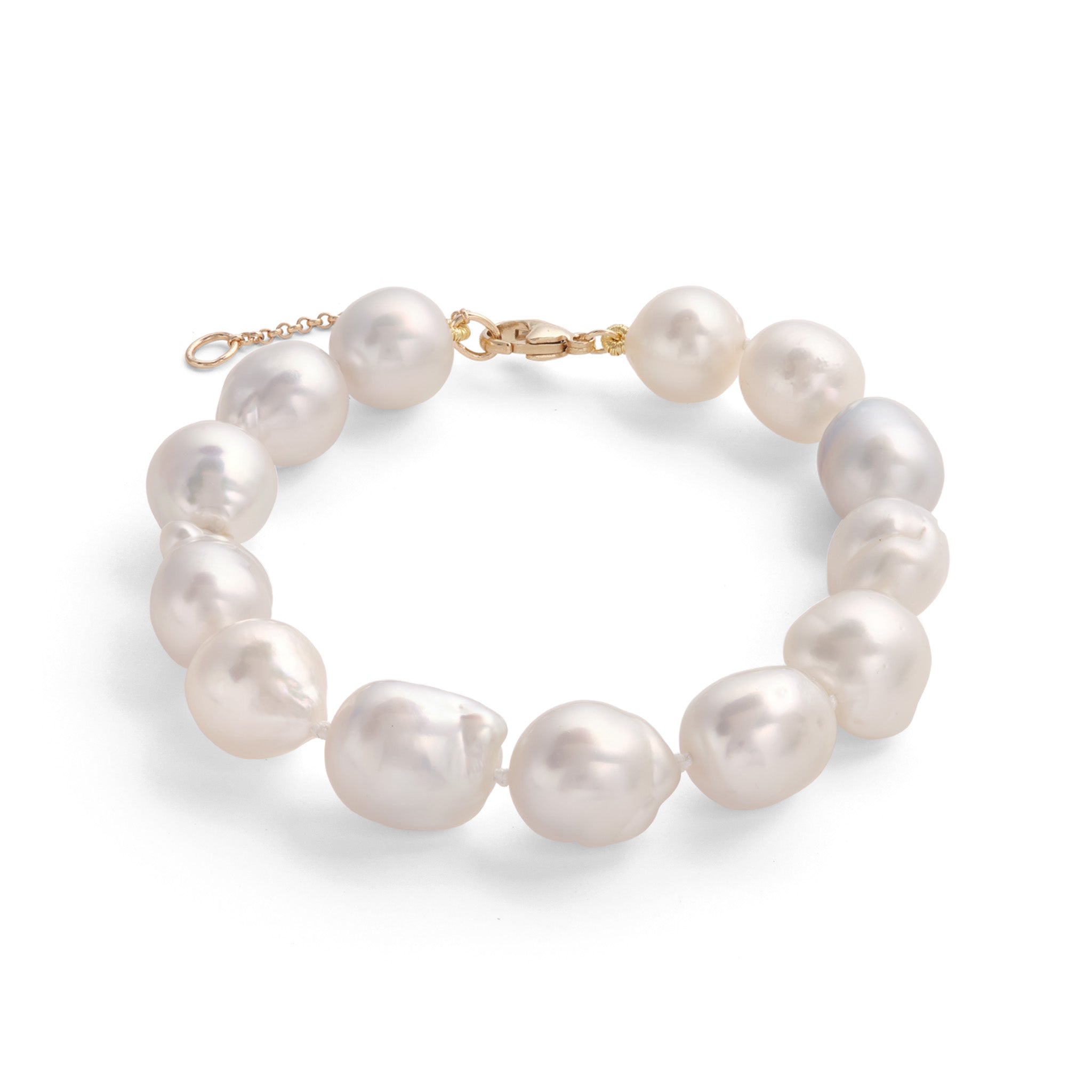 7.5-9" Adjustable 9-13mm South Sea Silver and White Pearl Bracelet in Gold on a white background
