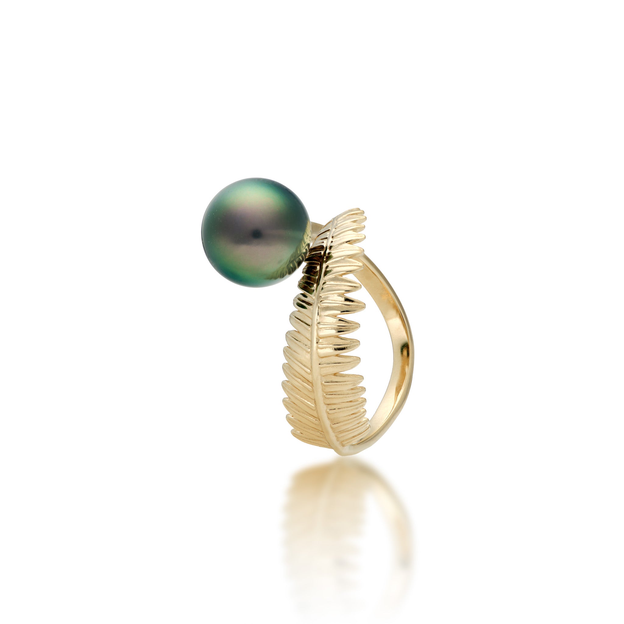 Angle view of the Kupukupu Fern Tahitian Black Pearl Bypass Ring in 14k Yellow Gold on a white background