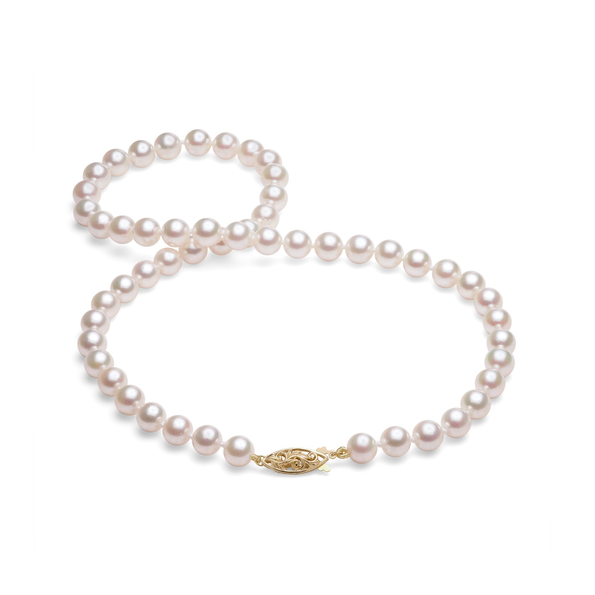 18-19" 7.5-8mm Akoya White Pearl Strand with 14k Yellow Gold Living Heirloom style Football Clasp
