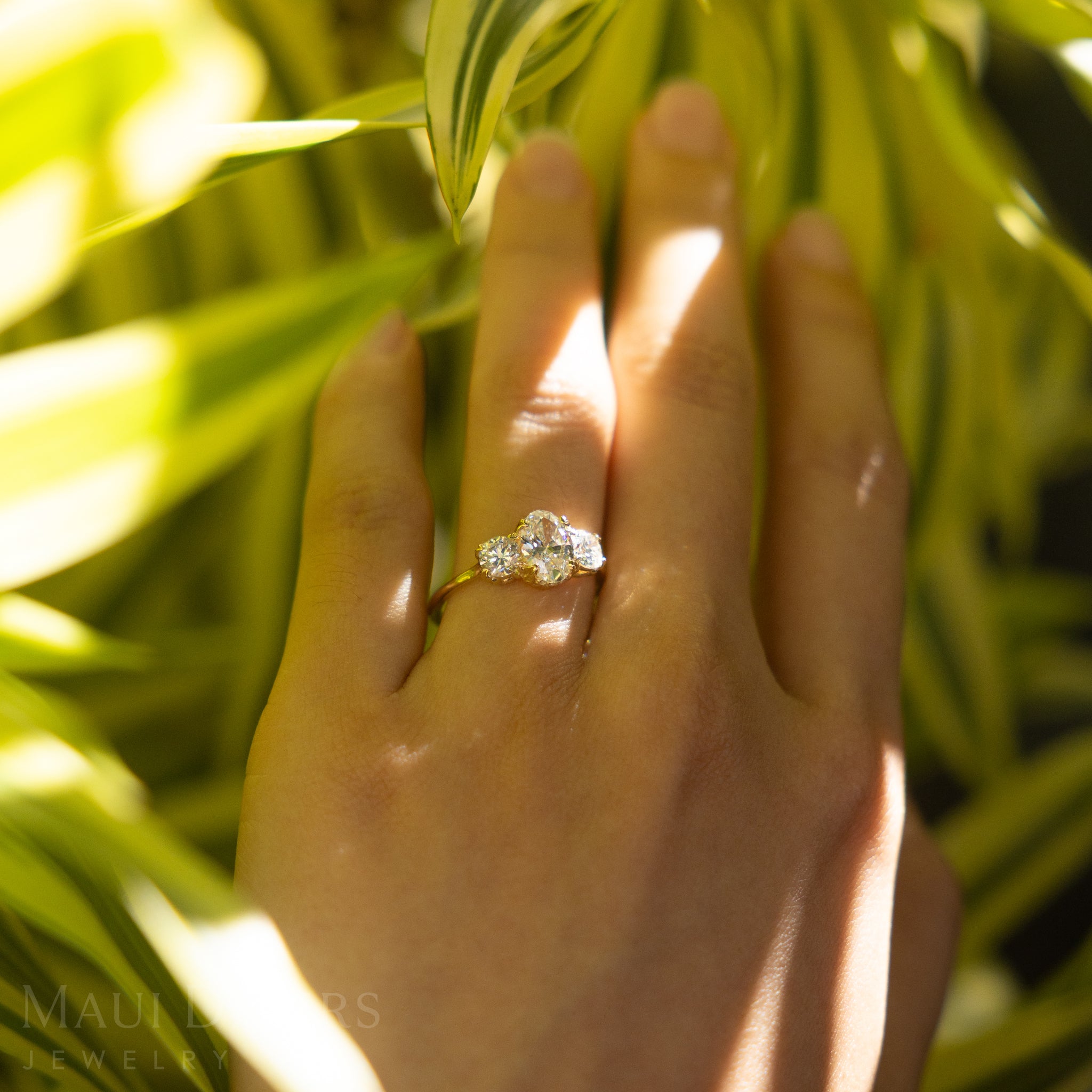Hand wearing a lab-grown diamond ring with green leaves in the background