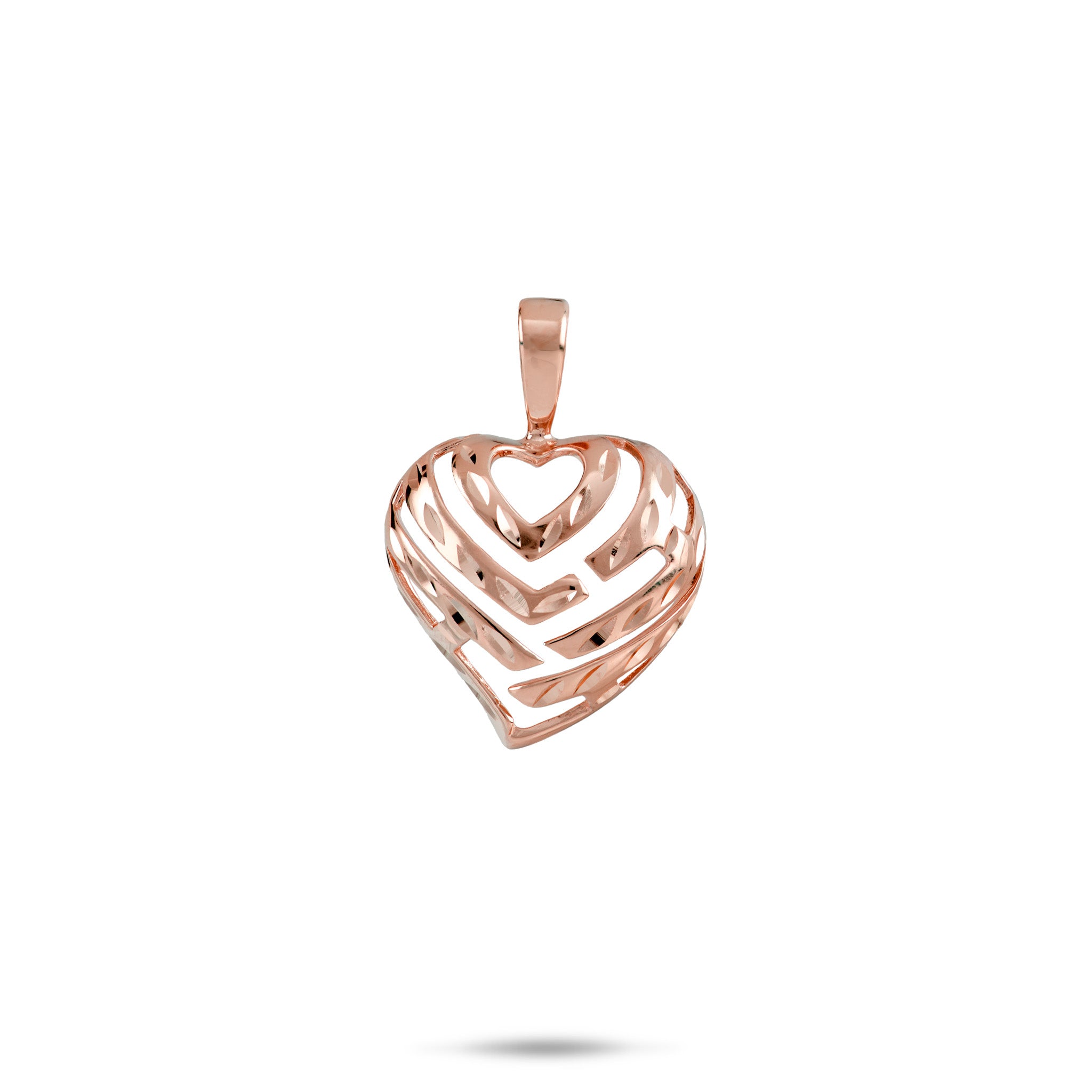 15mm Aloha Heart Pendant with cut-out design spelling "Aloha" in 14k Rose Gold Diamond-cut High Polish Finish