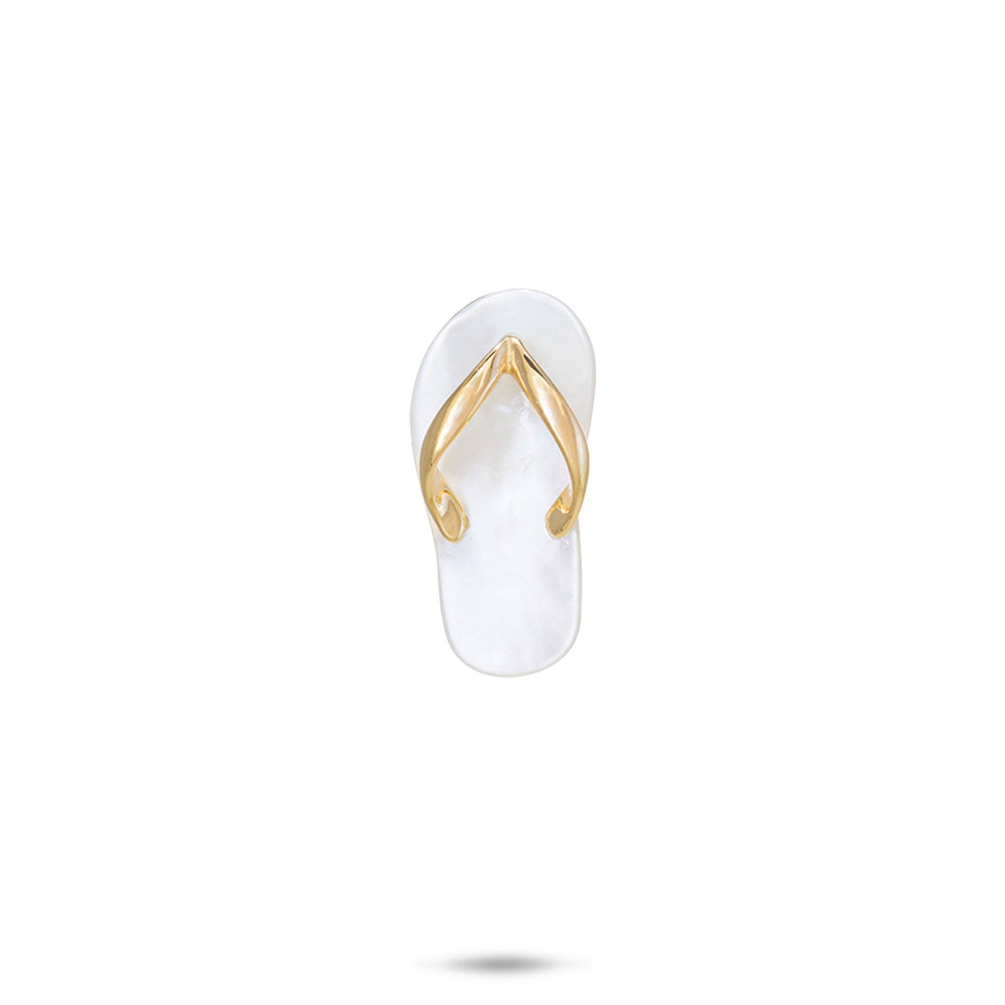 20mm White Mother of Pearl Slipper Pendant with 14k Yellow Gold Straps on White Background
