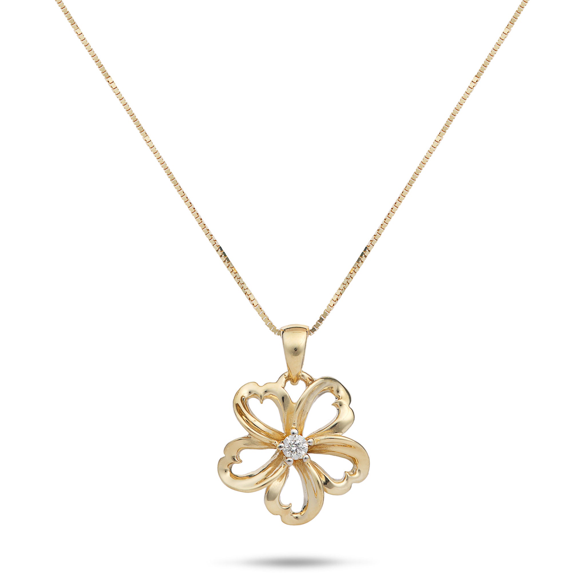 Cut-out design Plumeria Pendant with Diamond center on a 14k Yellow Gold Box Chain