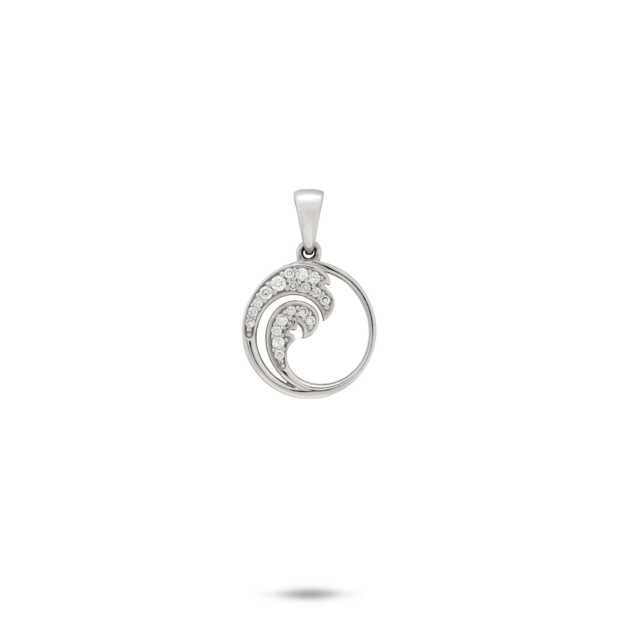 12mm Round, High-polish, Diamond, Ocean Wave Pendant with Bail in 14k White Gold on a white background