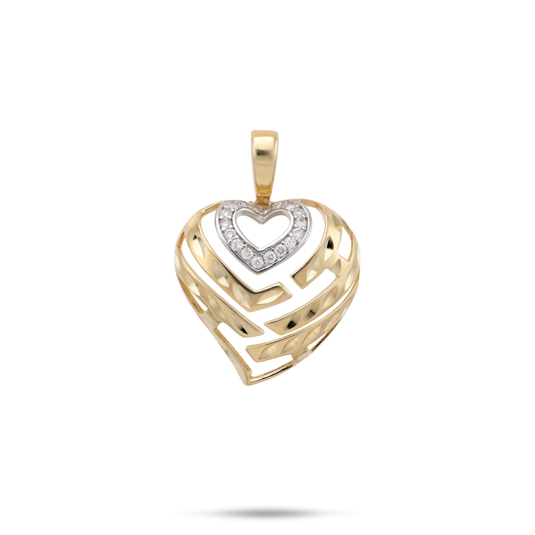 18mm Diamond-cut Aloha Heart Pendant in 14k Yellow Gold and White Gold Diamond Heart Accent