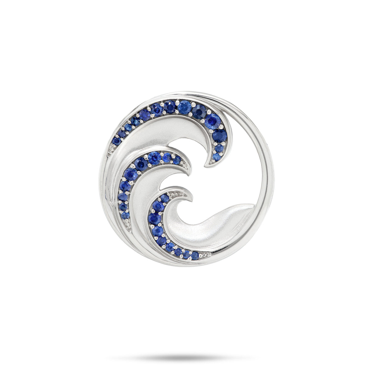 24mm Round Blue Sapphire Nalu (Wave) Pendant in 14k White Gold with a satin finish and high-polish edges on a white background