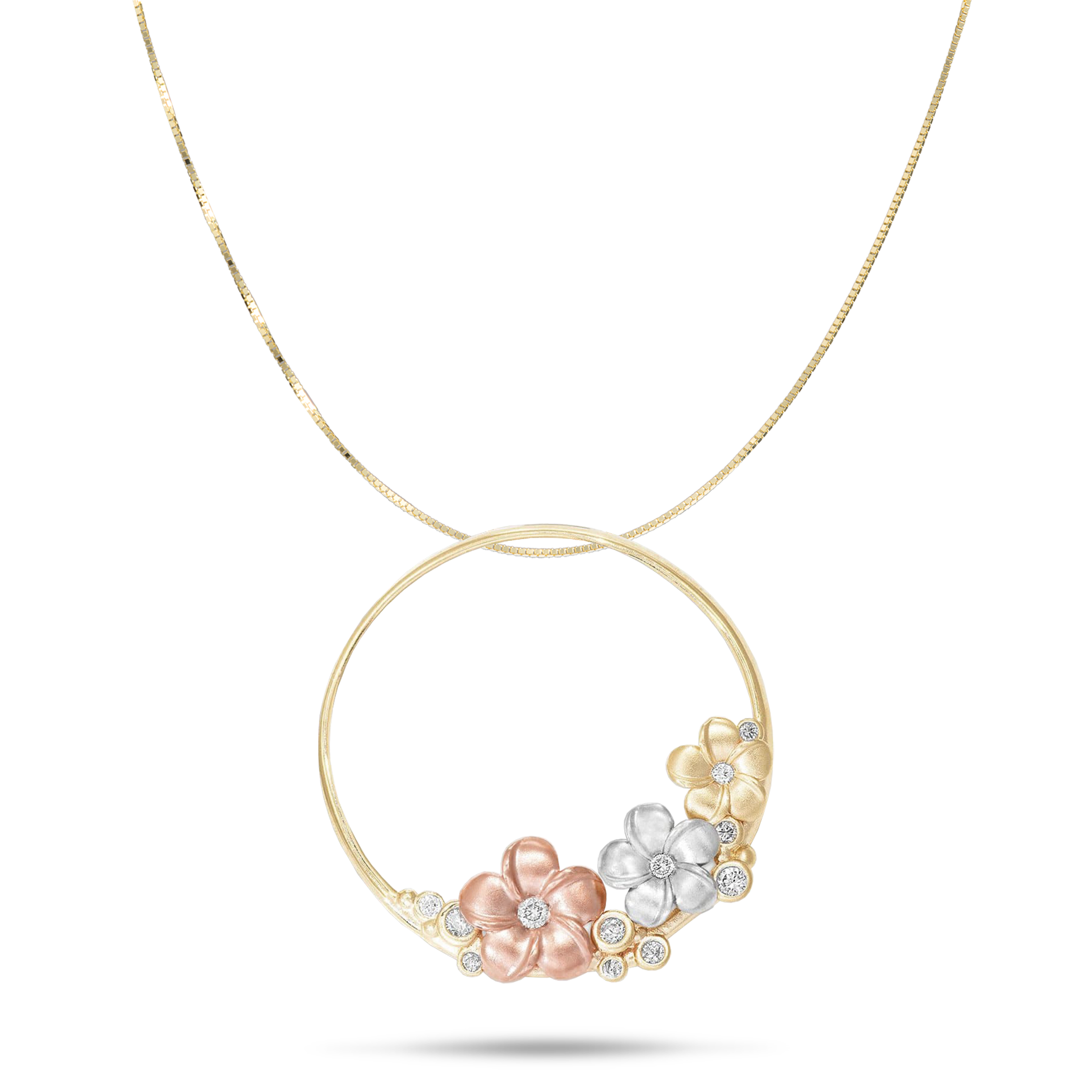 Plumeria-Halskette aus dreifarbigem Gold mit Diamanten – 22 mm