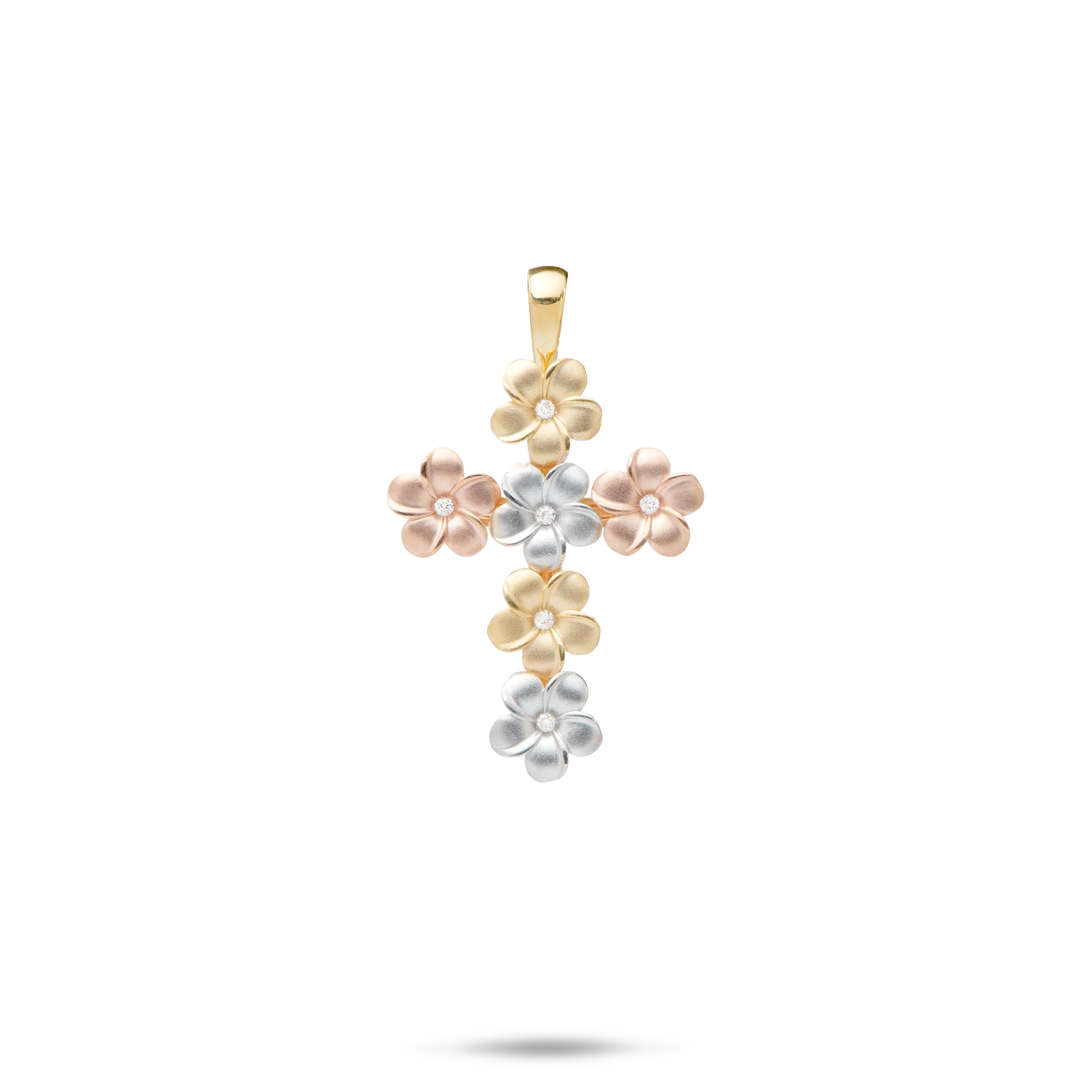 Plumeria Cross Pendant with Diamonds in Tri Color Gold - 25mm