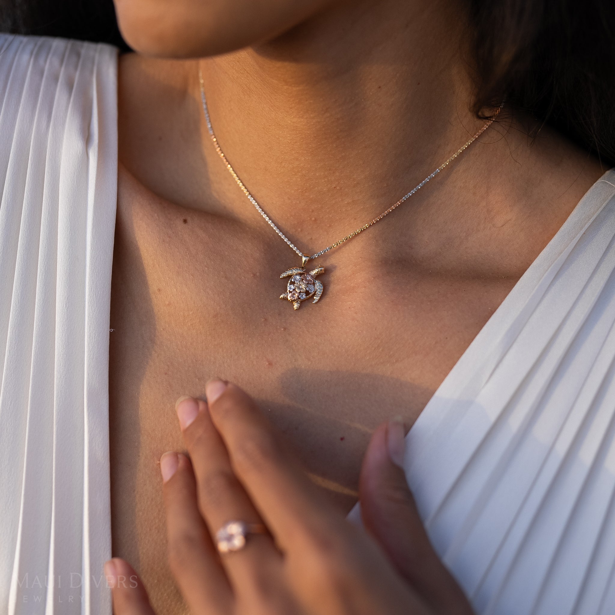 Plumeria Honu (Turtle) Pendant in Tri Color Gold with Diamonds - 18mm