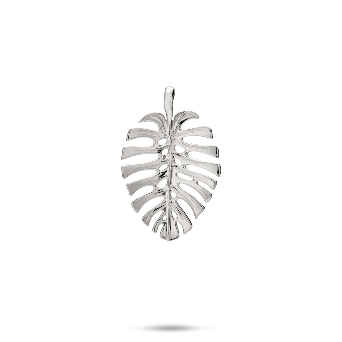 A polished 14k white gold pendant shaped like a monstera leaf, centered on a white background.