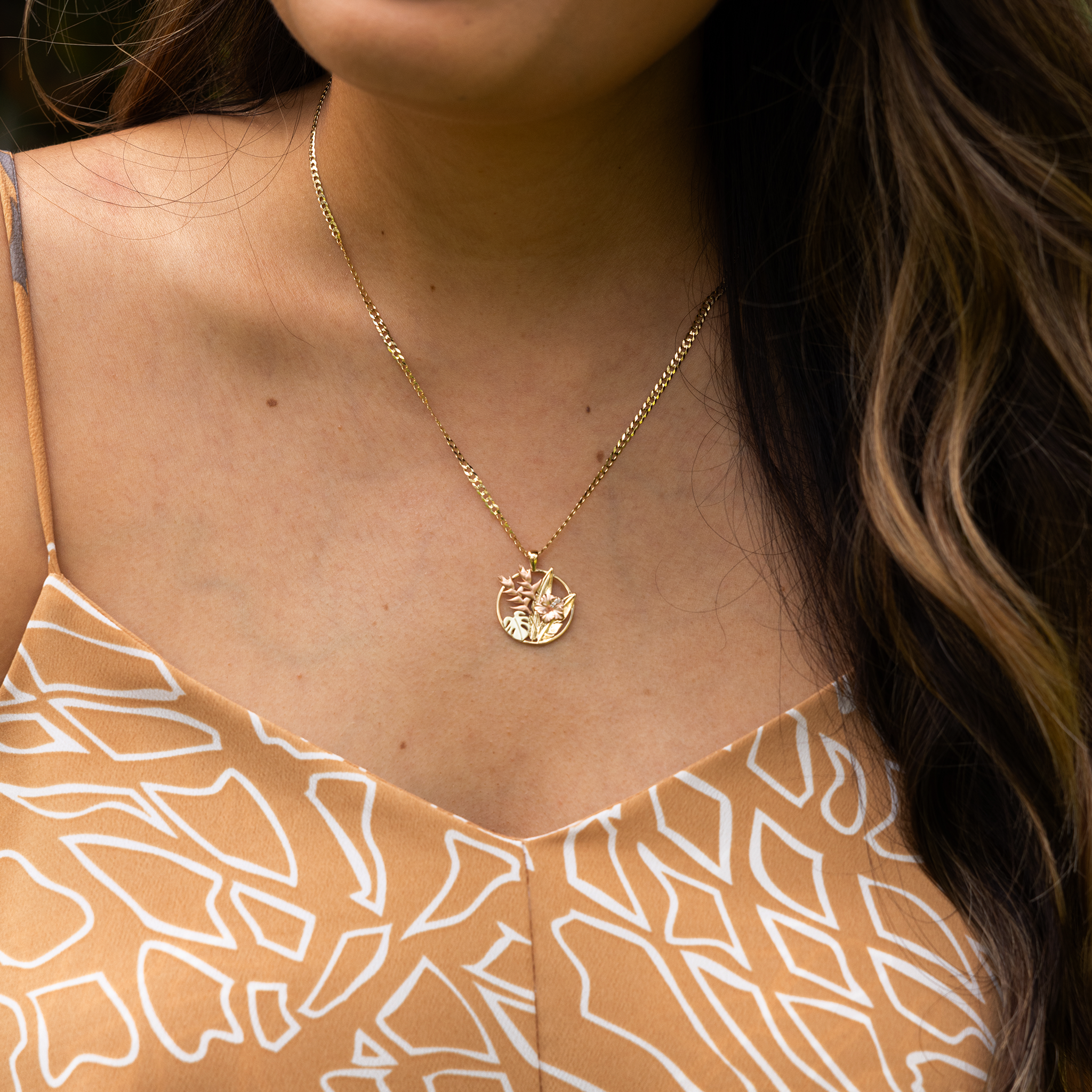 Hawaiian Gardens Hibiscus Pendant in Tri Color Gold with Diamonds - 20mm