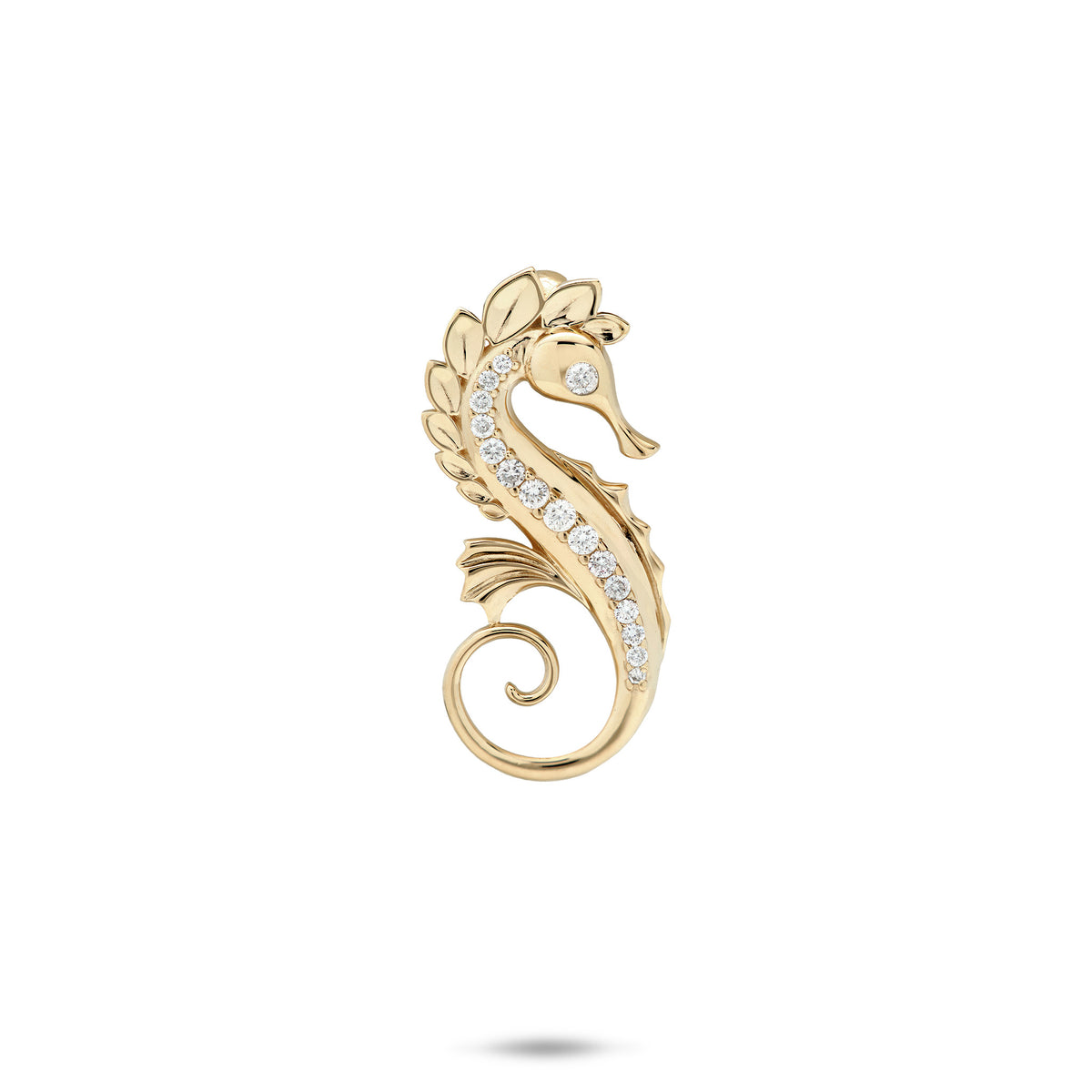 A 14k Yellow Gold high-polish Seahorse Pendant with diamond eyes and diamonds along the body from the head to the tail, shown on a white background