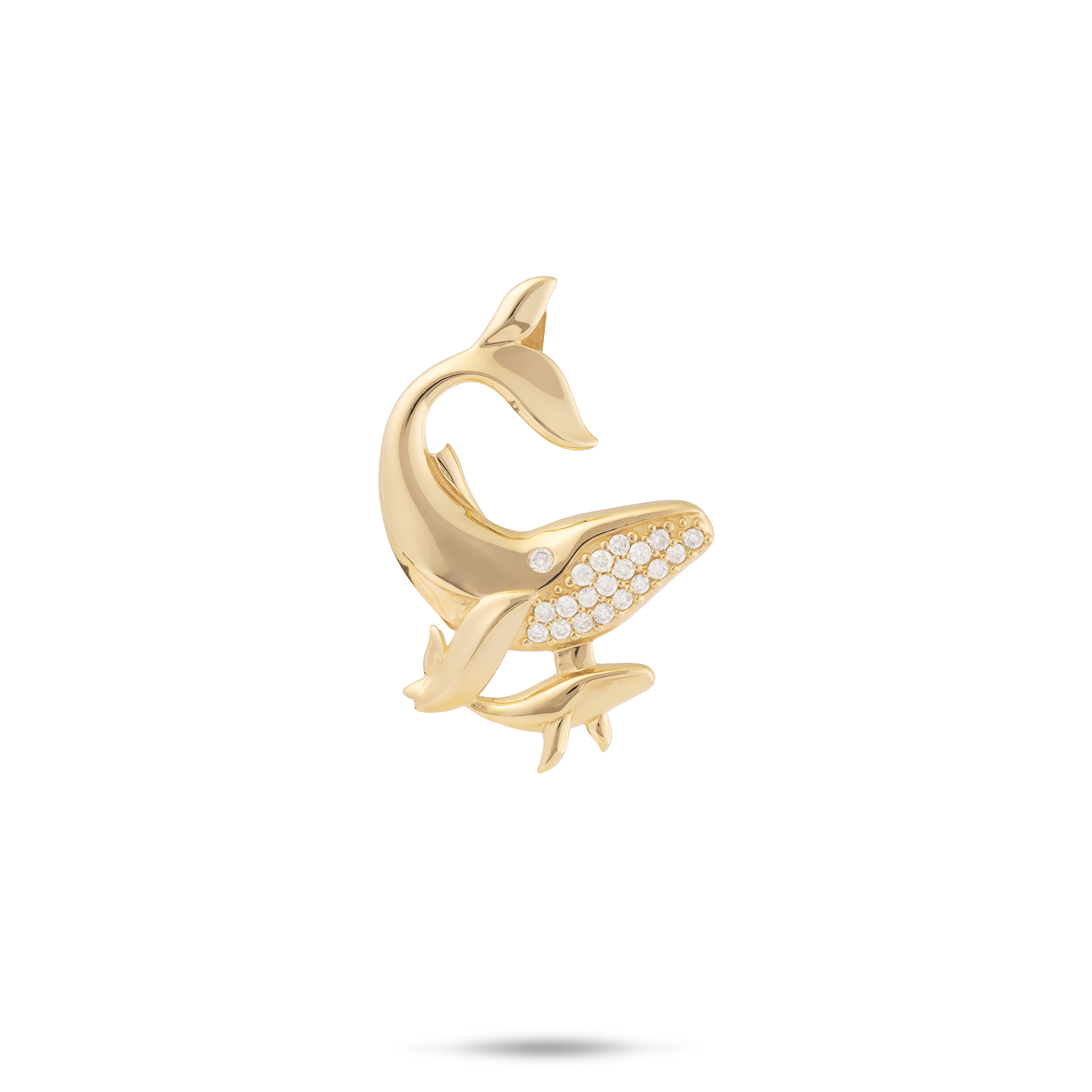 Ocean Dance Buckelwal Mutter & Baby Anhänger in Gold mit Diamanten – 24 mm