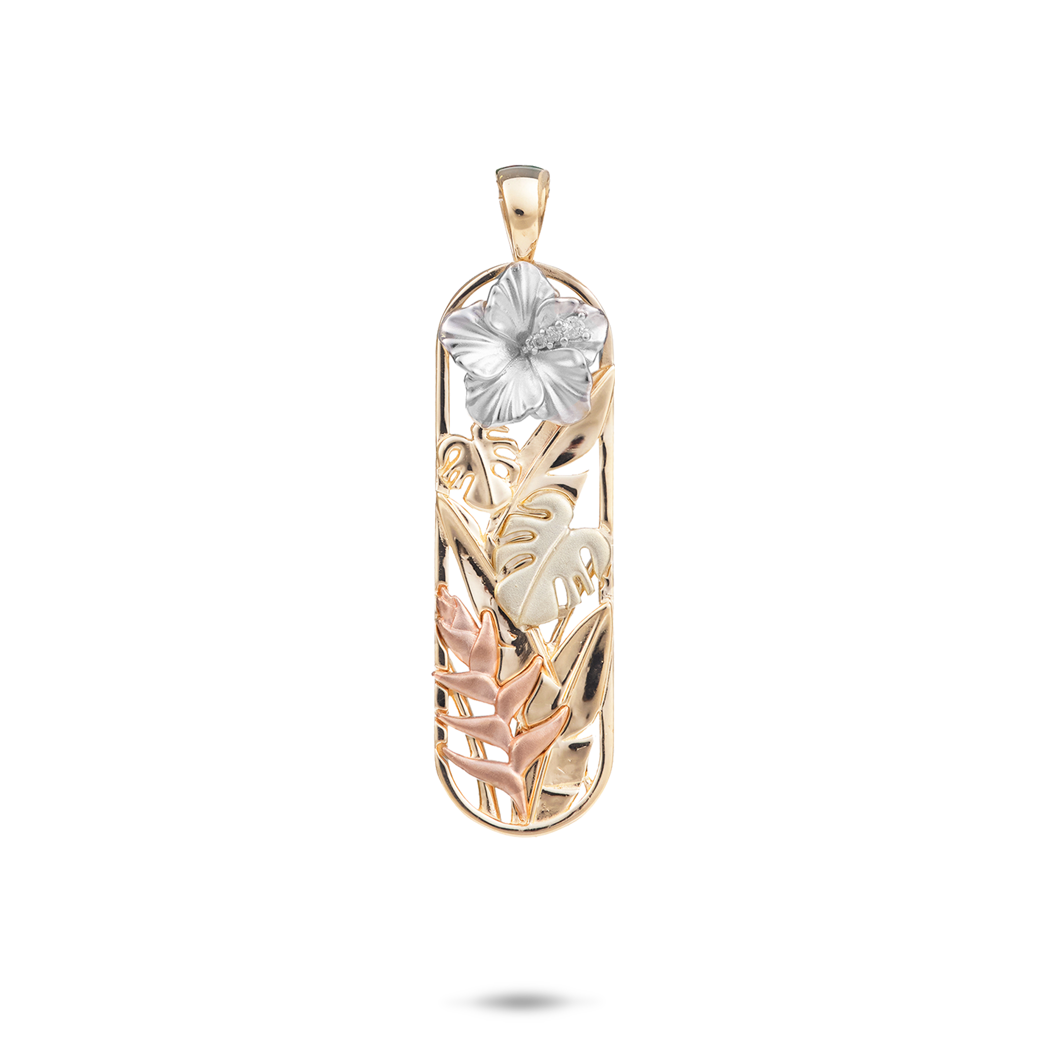 Hawaiian Gardens Hibiscus Pendant in Four Tone Gold with Diamonds - 32mm