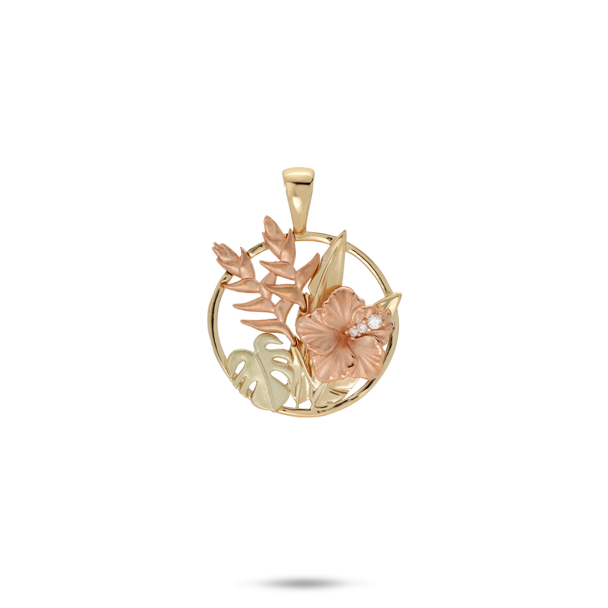 15mm Hibiscus, Heliconia and Monstera Pendant in Tri-color gold with diamonds on white background