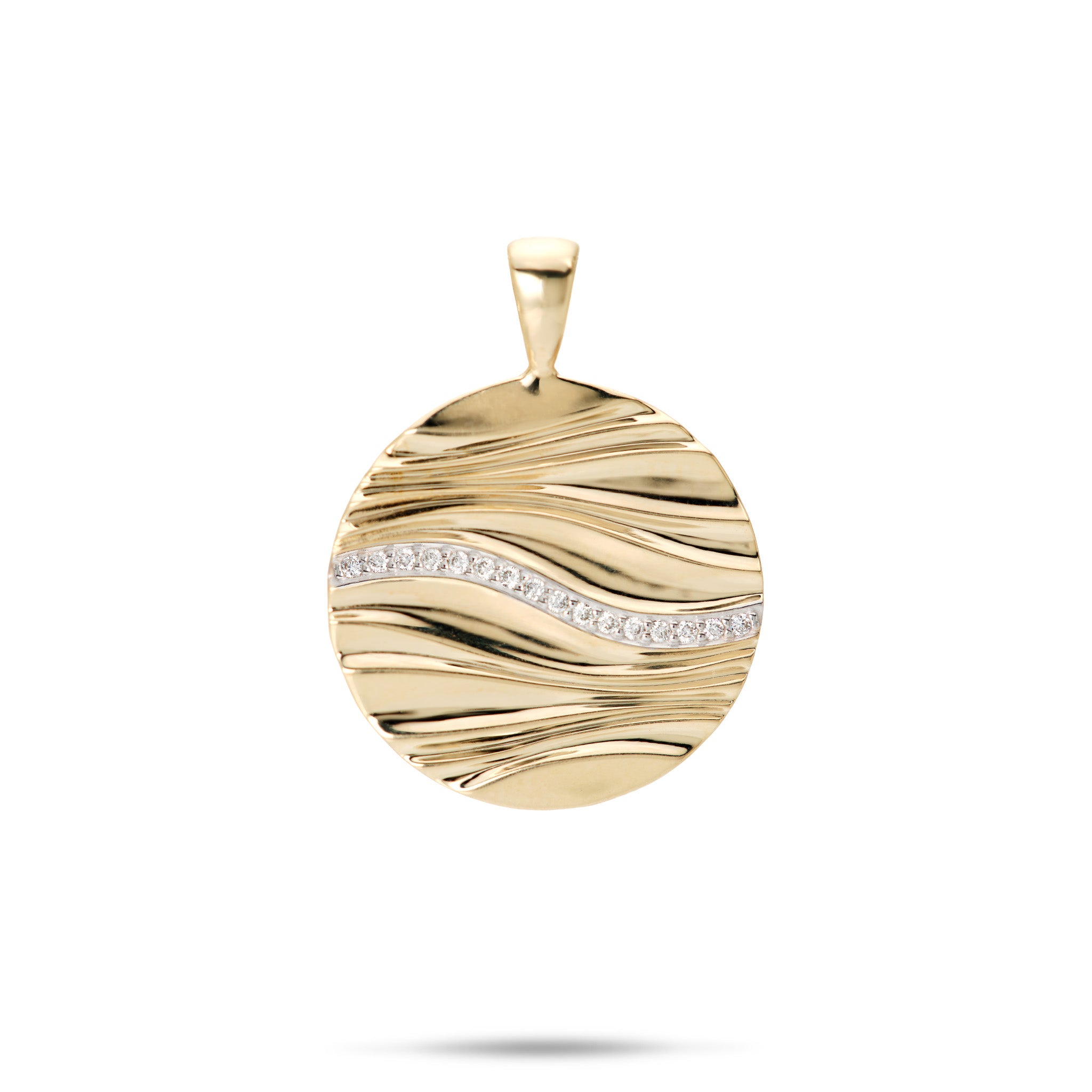 Front view of the Ocean Sand Pendant in 14k Yellow Gold with Diamonds on a White Background