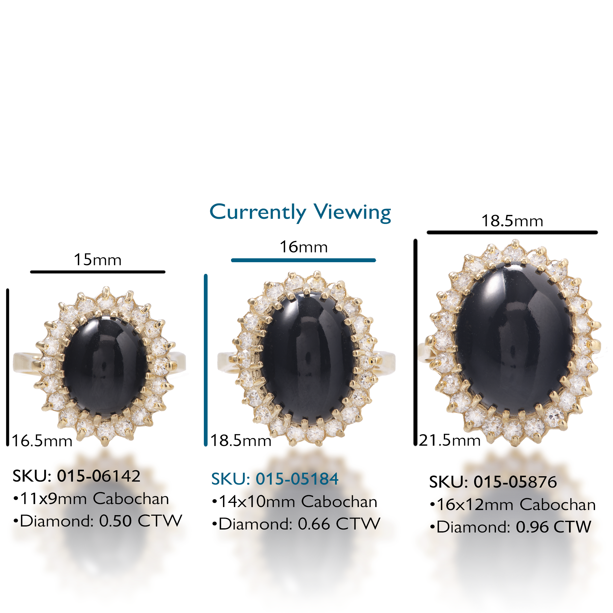Three Princess Ka‘iulani Black Coral Ring in Gold with Diamonds, including measurements and SKUs.