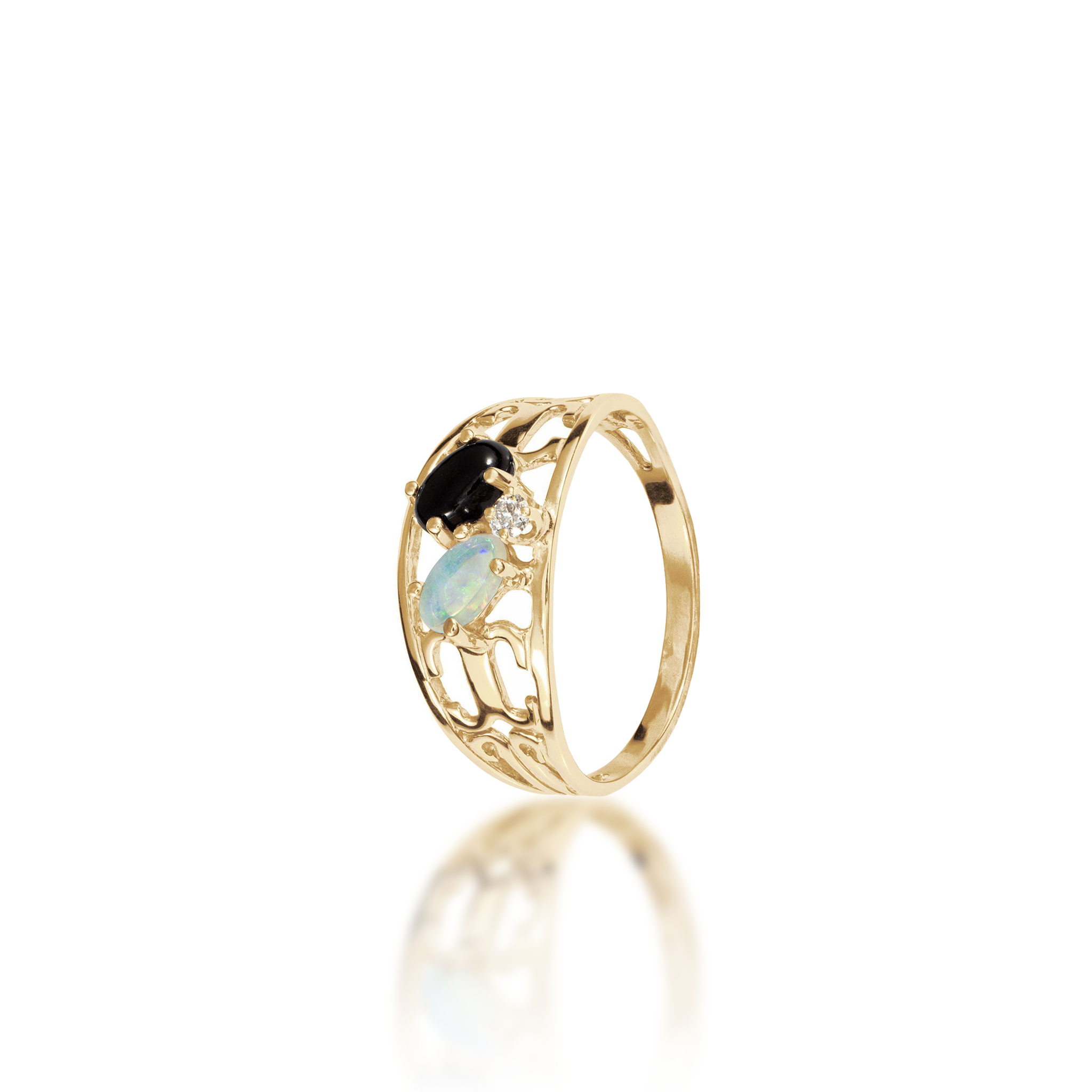 Schwarzer Korallenring in Gold mit Opal und Diamant