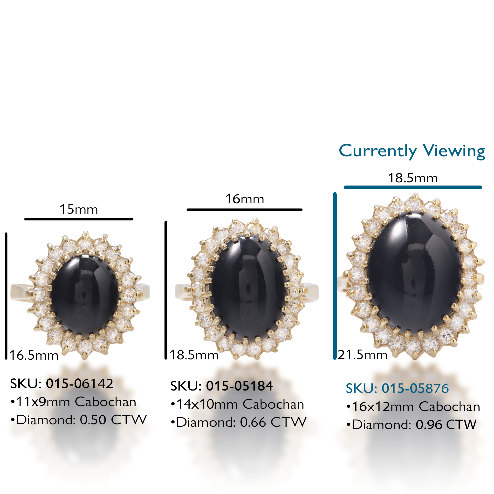 Display of Princess Ka‘iulani Hawaiian Black Coral Rings in Gold with Diamonds showing measurements and SKUs.