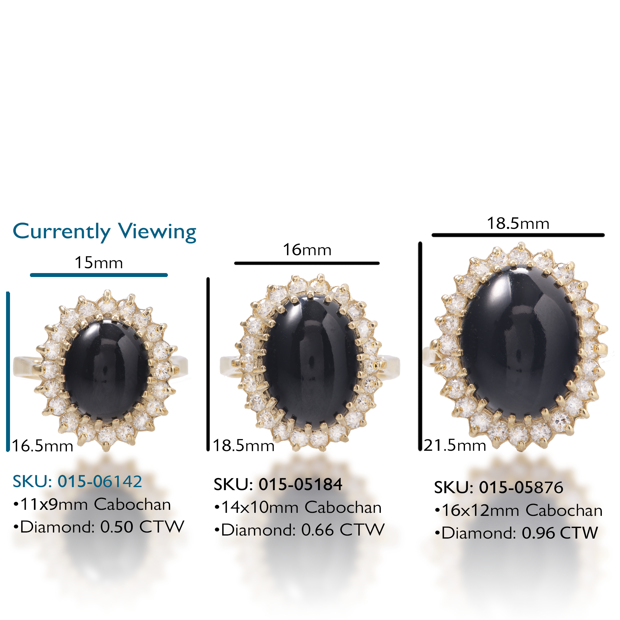 Display of Princess Ka‘iulani Hawaiian Black Coral Rings in Gold with Diamonds , showing measurements and SKUs.