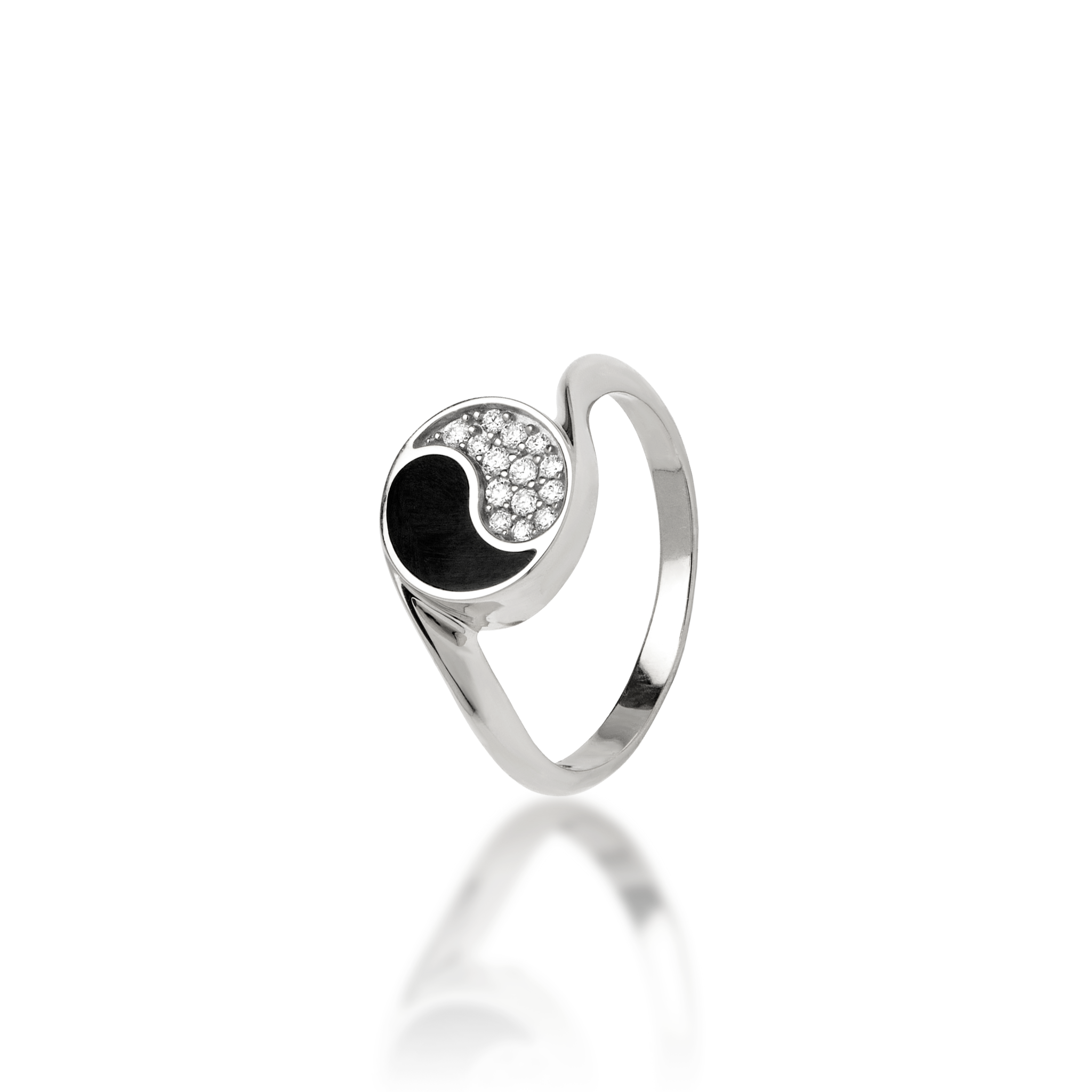 Yin Yang Black Coral Ring in White Gold with Diamonds - 10mm