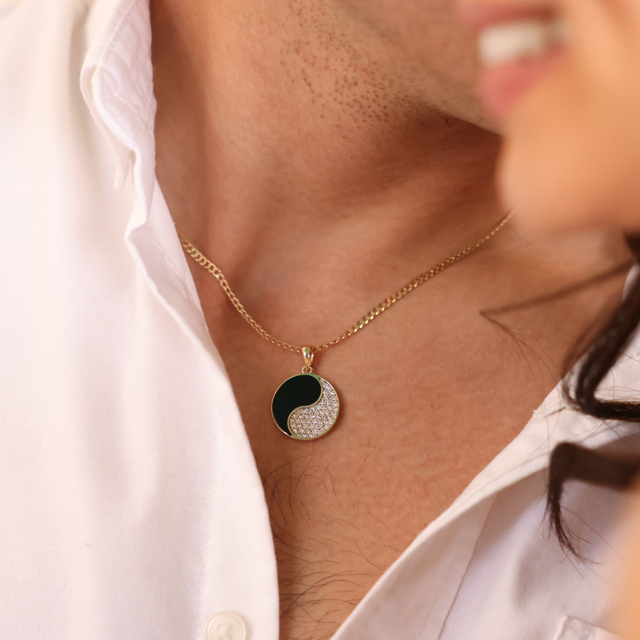 Yin Yang Black Coral Pendant in Gold with Diamonds - 19mm
