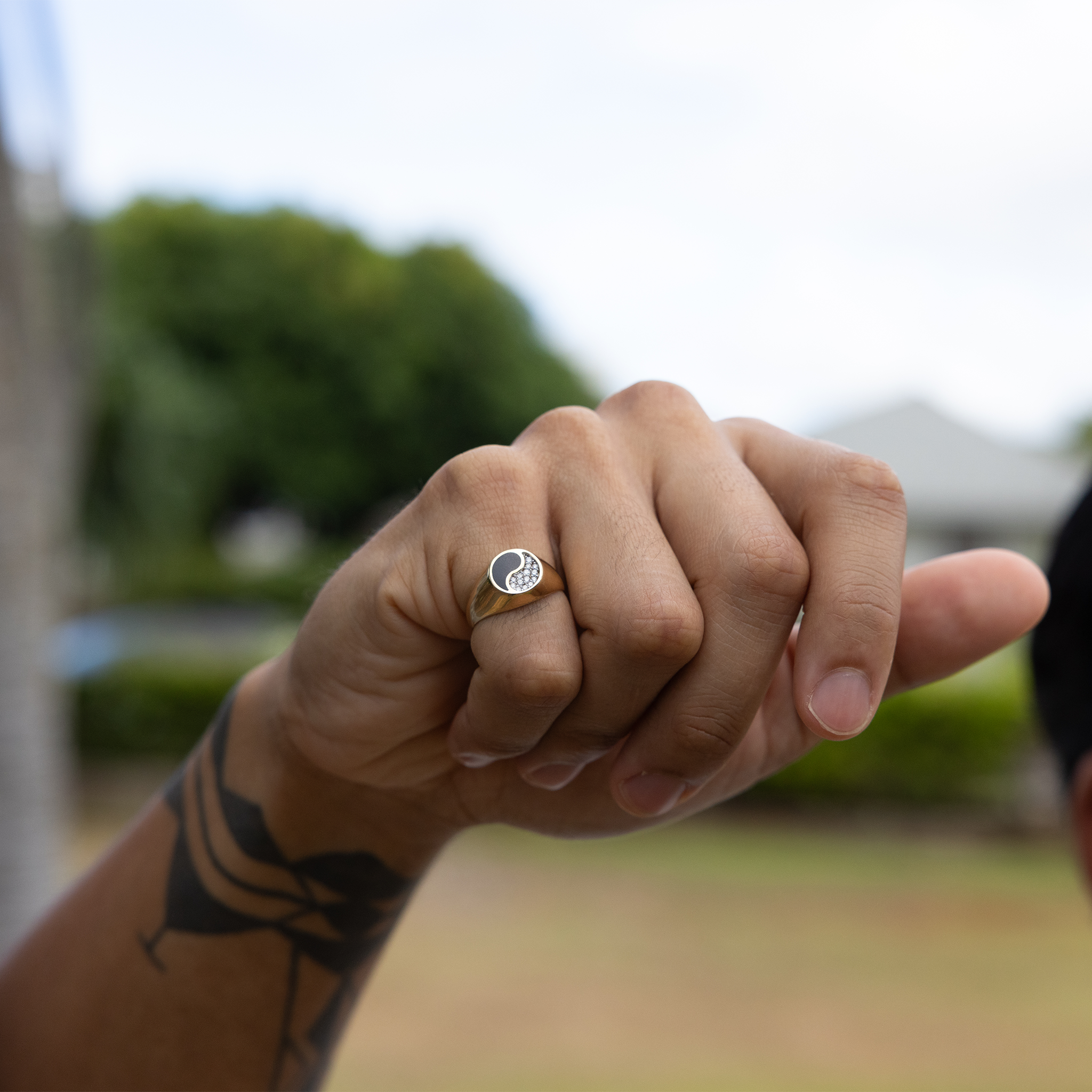 Yin Yang Black Coral Ring in Gold with Diamonds - 13mm