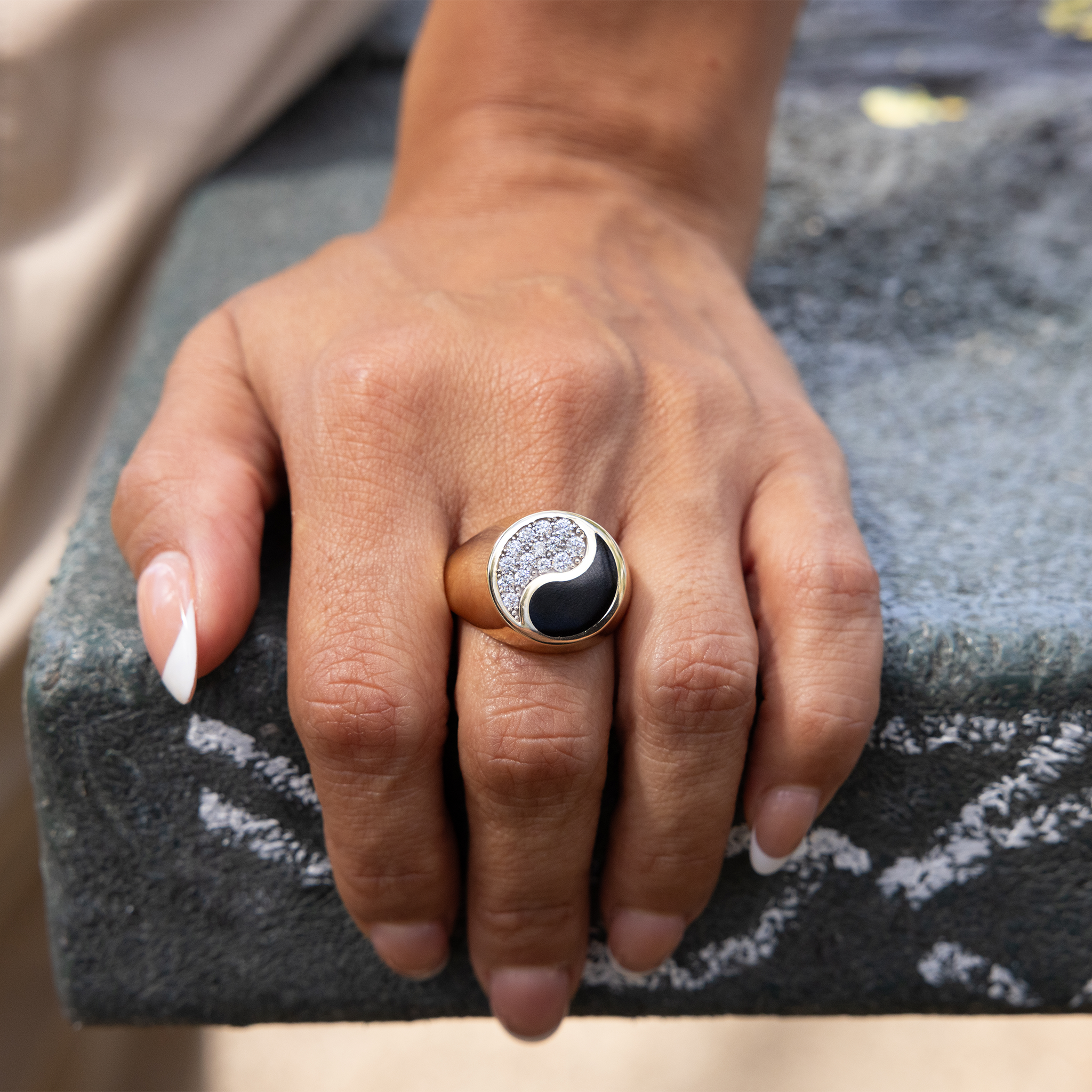 Yin Yang Black Coral Ring in Gold with Diamonds - 17.5mm