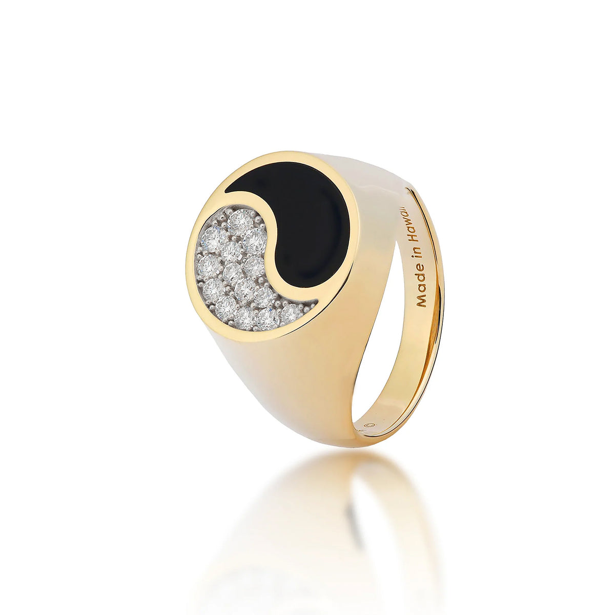 Tapered 17.5mm Yin Yang signet Ring in high-polish 14k yellow gold with Hawaiian black coral inlay and natural diamonds that create the yin yang design and a ʻMade in Hawaiiʻ inscription inside the band on a white background