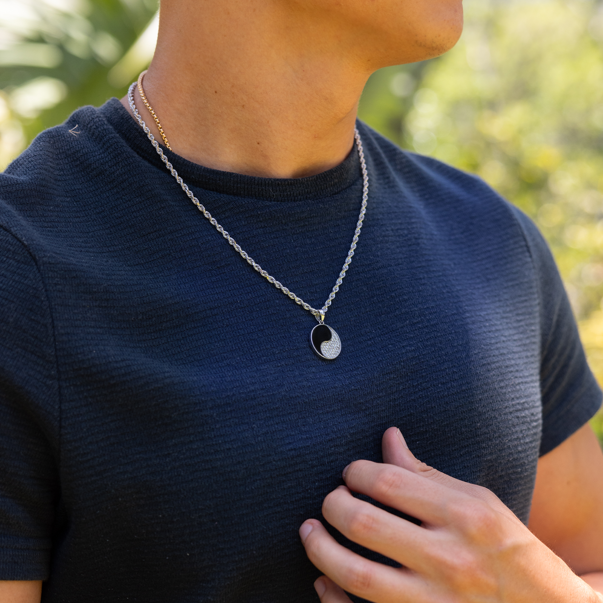 Yin Yang Black Coral Pendant in White Gold with Diamonds - 19mm