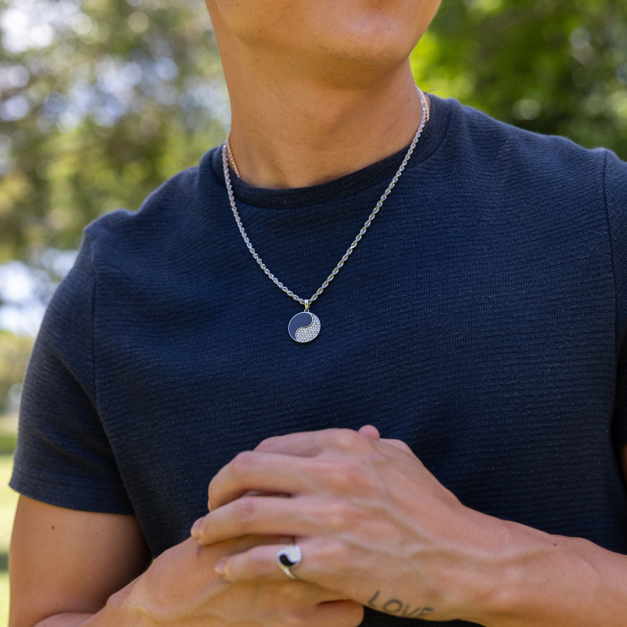 Yin Yang Black Coral Pendant in White Gold with Diamonds - 19mm